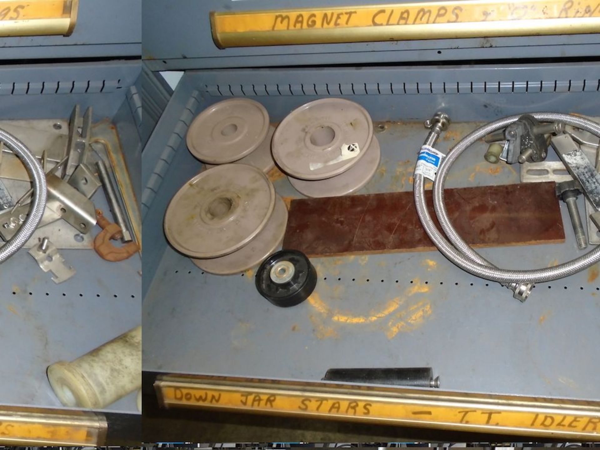 Shelves with drawers and contents of drawers ( clips, brackets, washers, brass fitting, idlers) - Image 6 of 10