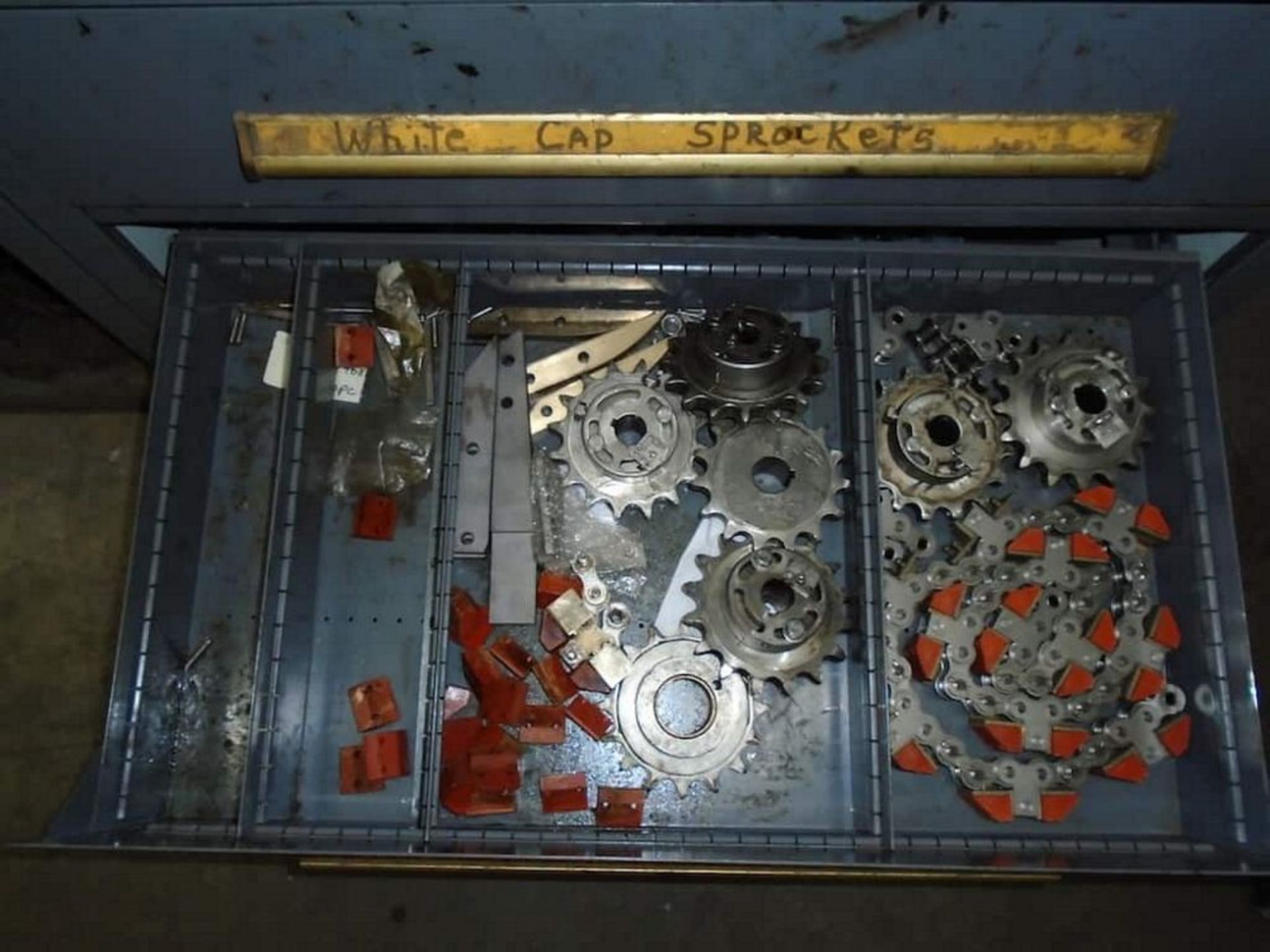 Shelves w/ drawers and contents ( O-rings, Cappers pins, Sprockets, Chain fittings, Capper belts, - Image 10 of 11