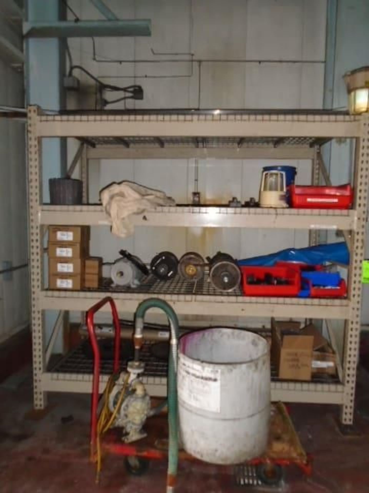 Shelf, Cart and Contents ( Horton Clutch Brackets, Spare Flappers, Assorted Motors, Transfer Pump)