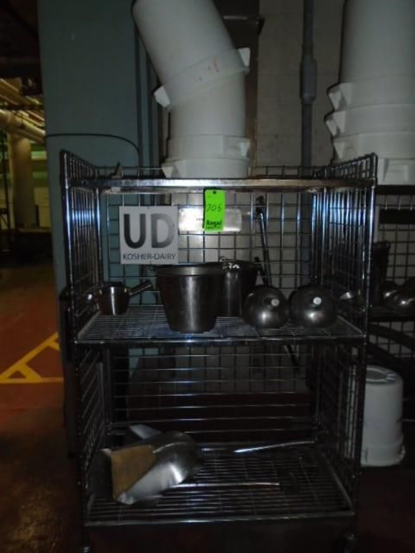 Wire Cart with 2 qt Scoops, Stainless Steel Kosher Scoops, Pots, Ladle, 3 Food Grade Trash Cans