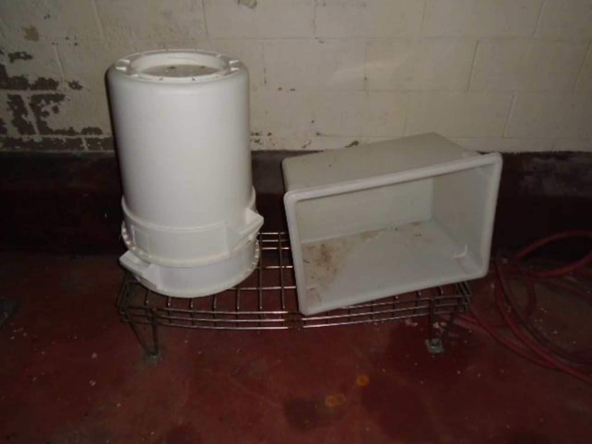Wire Rack with Assorted Non Kosher Pots, 5 Food Grade Trash Cans, Food Grade Bin - Image 2 of 3