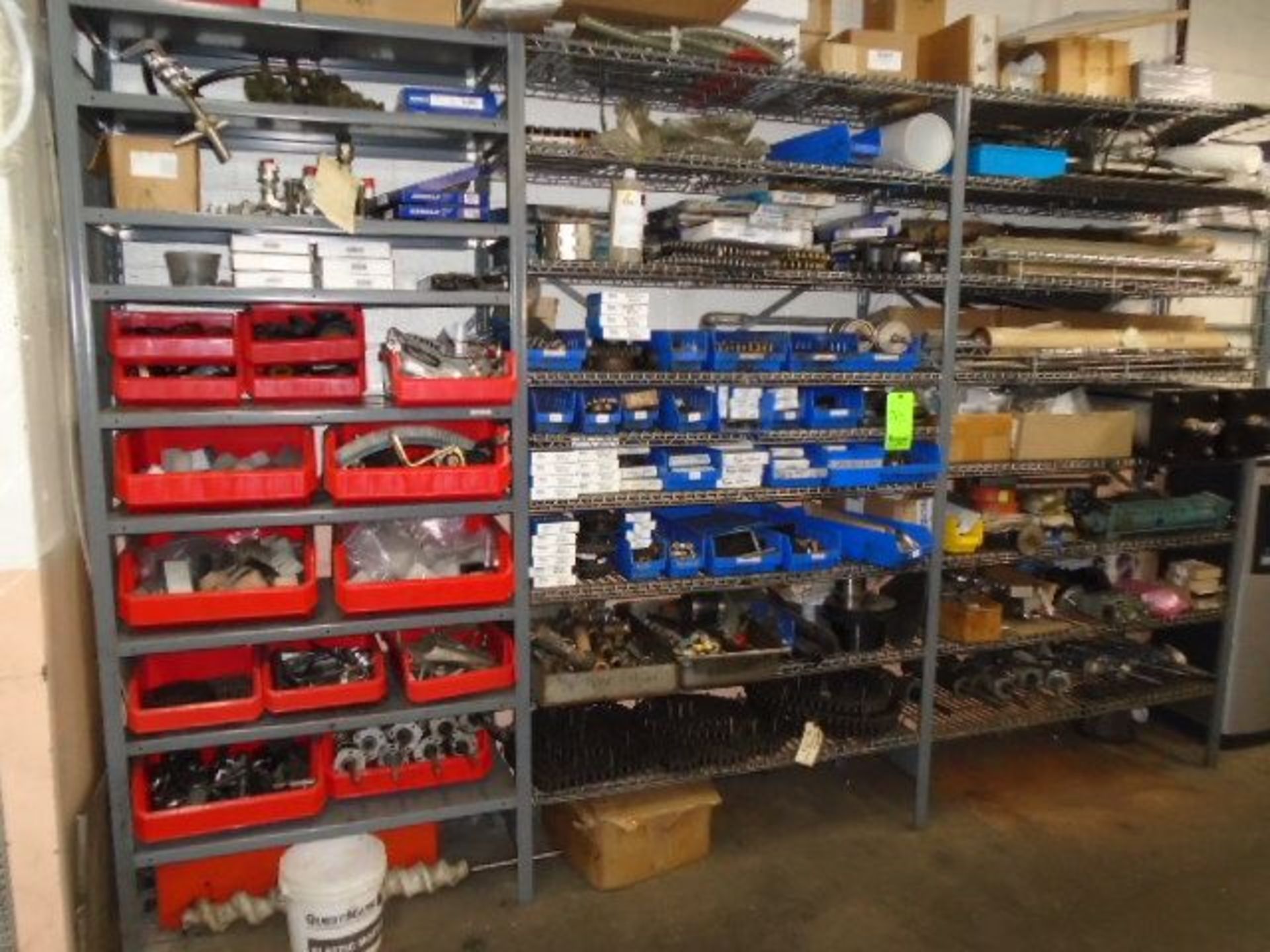 Shelves with Contents ( Assorted Chain, Hydraulics, Gears, and Bar Stock )