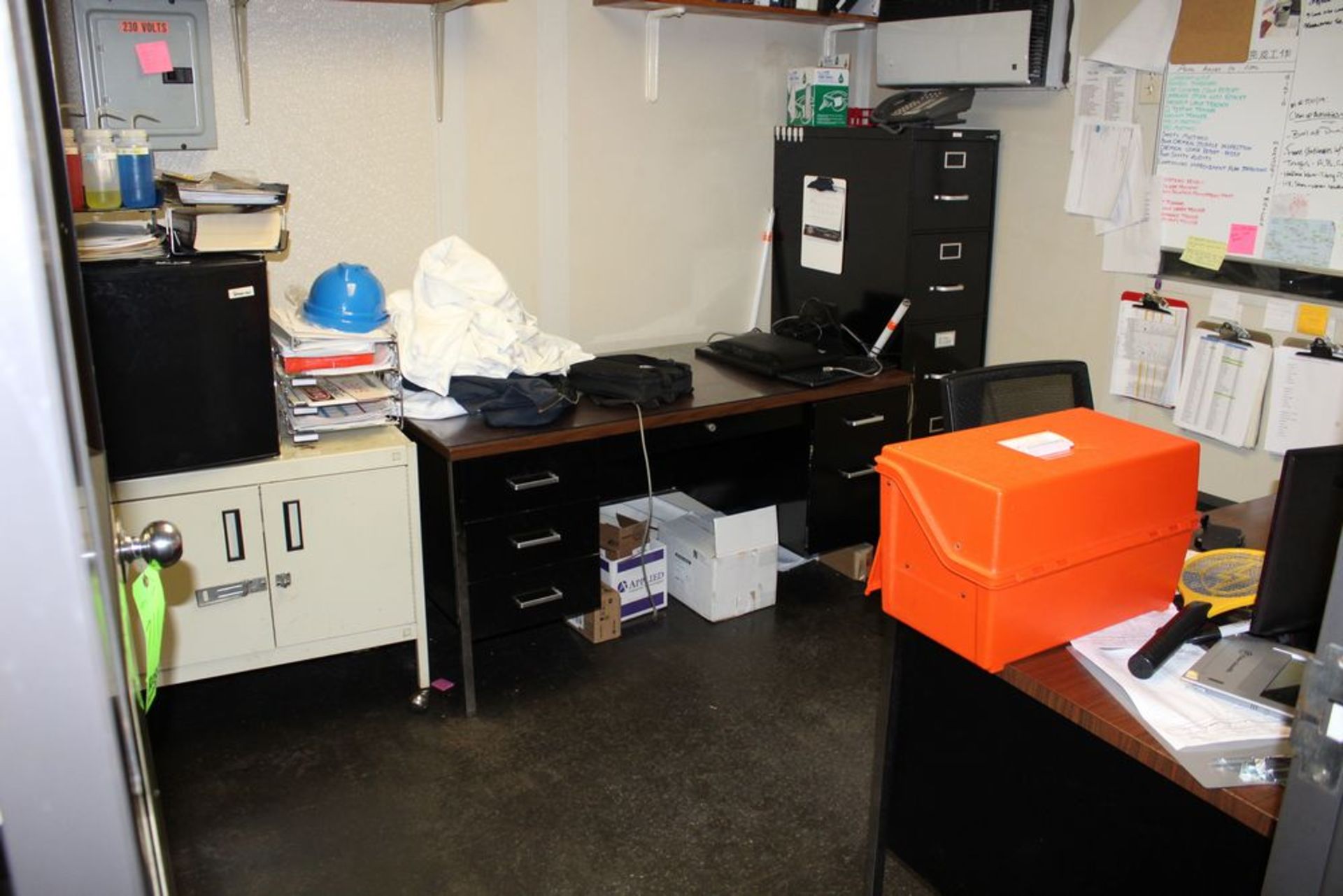 Office Contents ( 2 Desk, 1 Chair, 5 Drawer Filing Cabinet and Fridge)