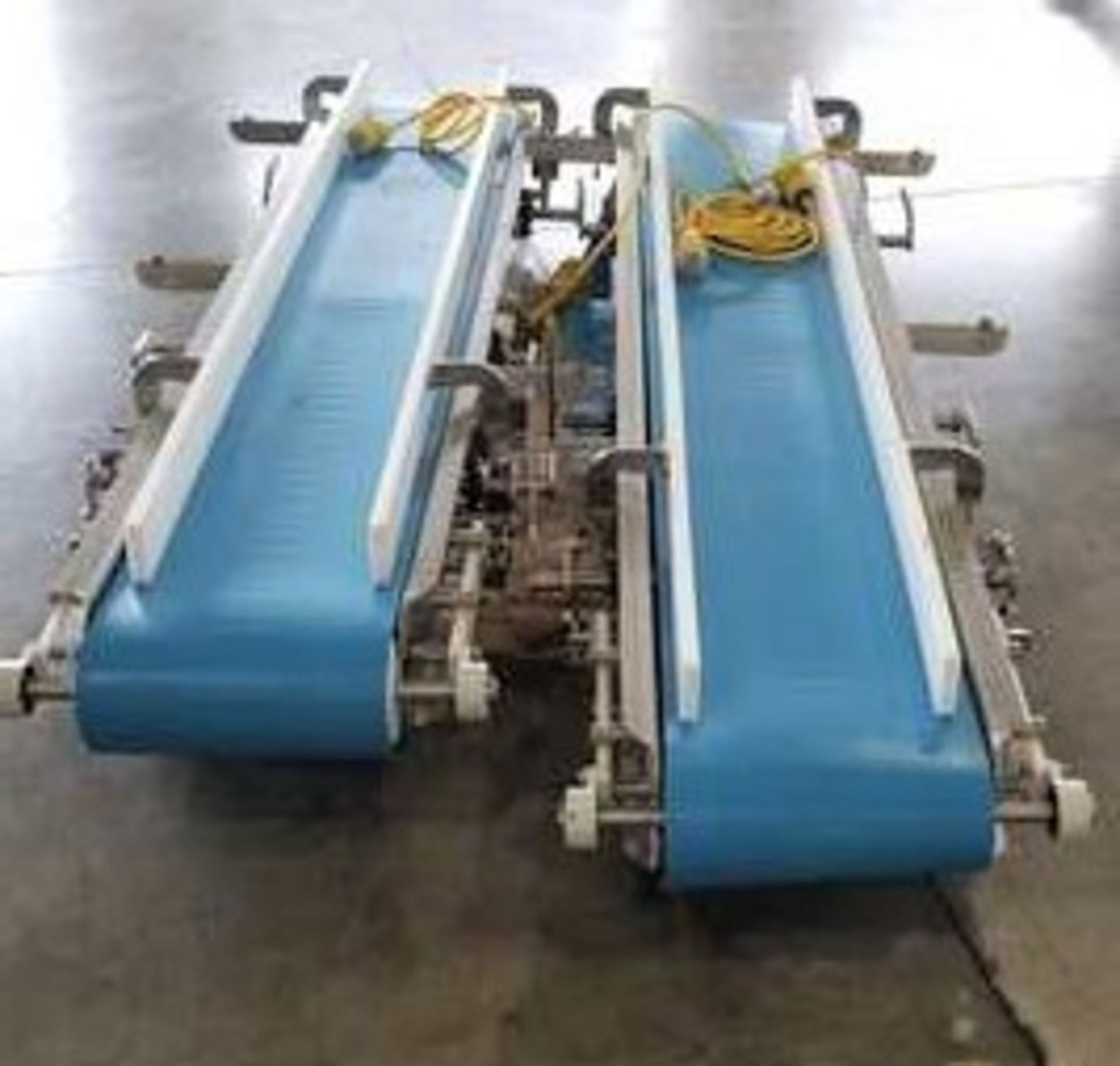 7'L x 14" W Flat Conveyor. S/S . With blue food grade belt. 3" UHMW sidewalls. Drum drive is 208-