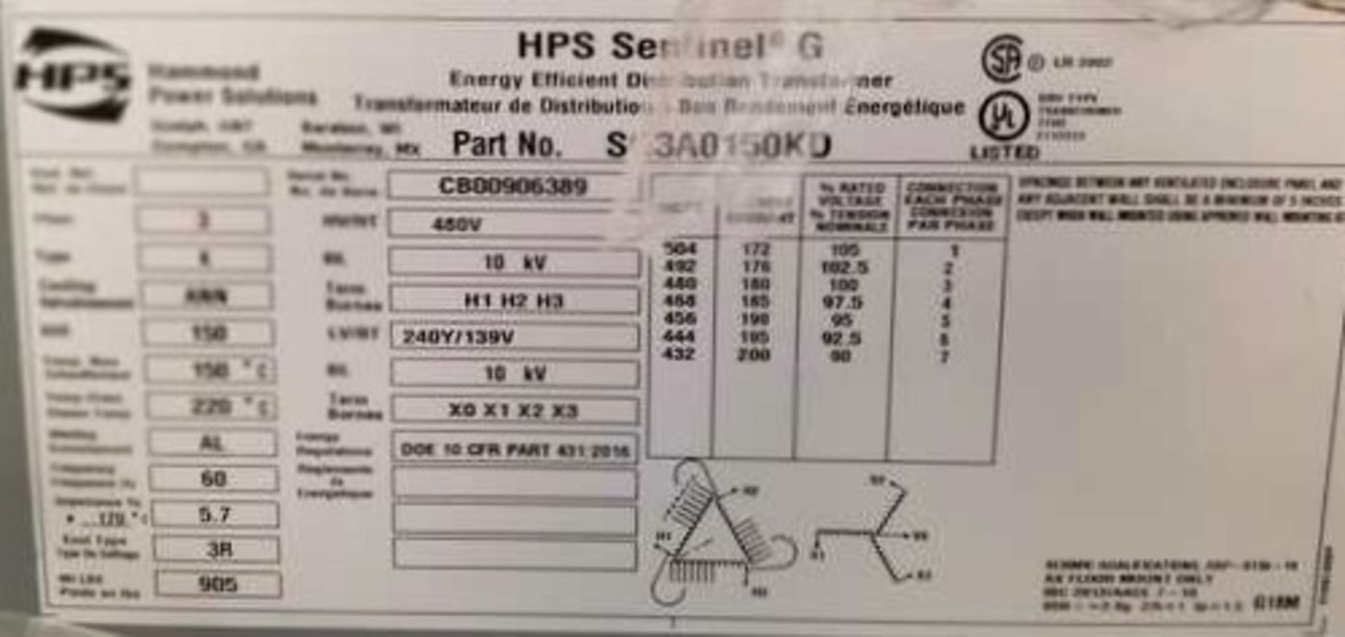 New 10 KVA, 480V Stepdown Transformer. Never taken off OEM skid. See Data Plate photo for details. - Image 3 of 3