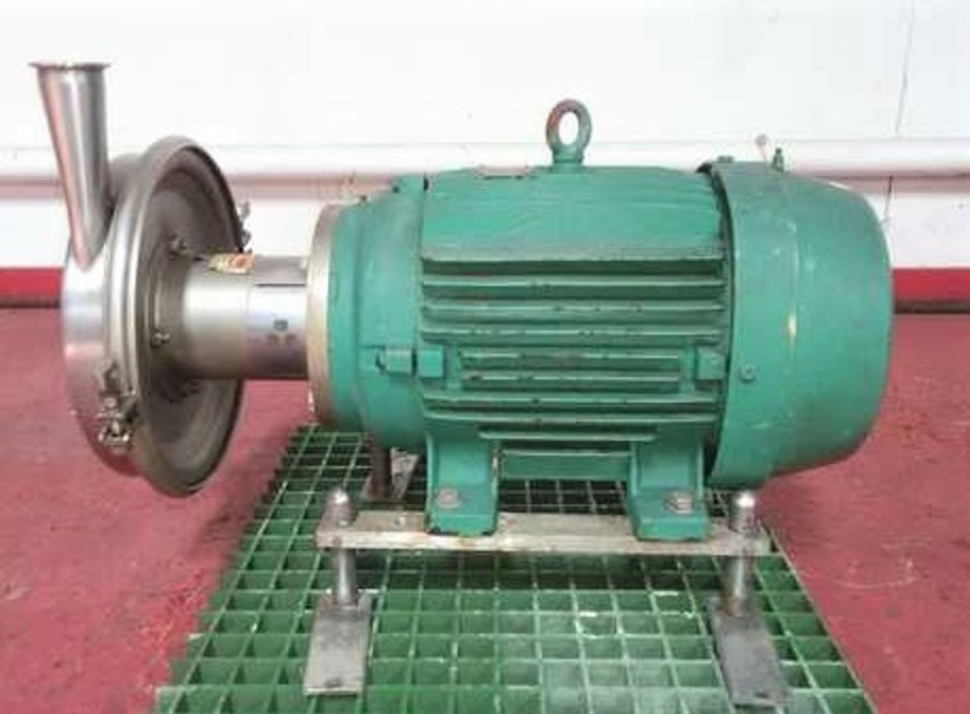 15HP Sanitary Centrifugal pump. TEFC Continuous duty motor, 208-230/460V. Pump is 12" dia with 2.75"