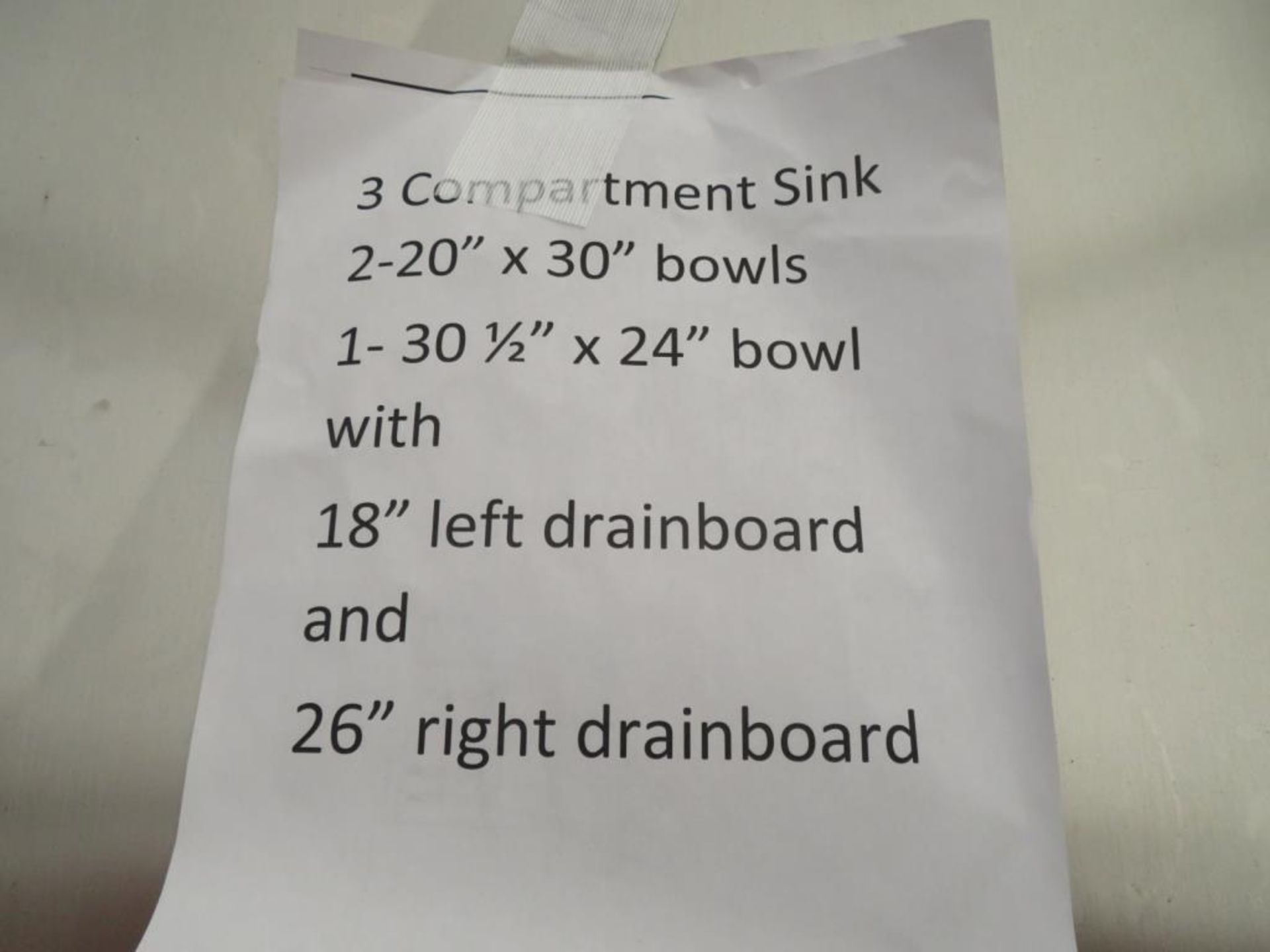 3 compartment sink, 2-20"x30"bowls, 1-30 1/2" x 24" bowl with 18" left drainboard and 26" right - Image 2 of 3