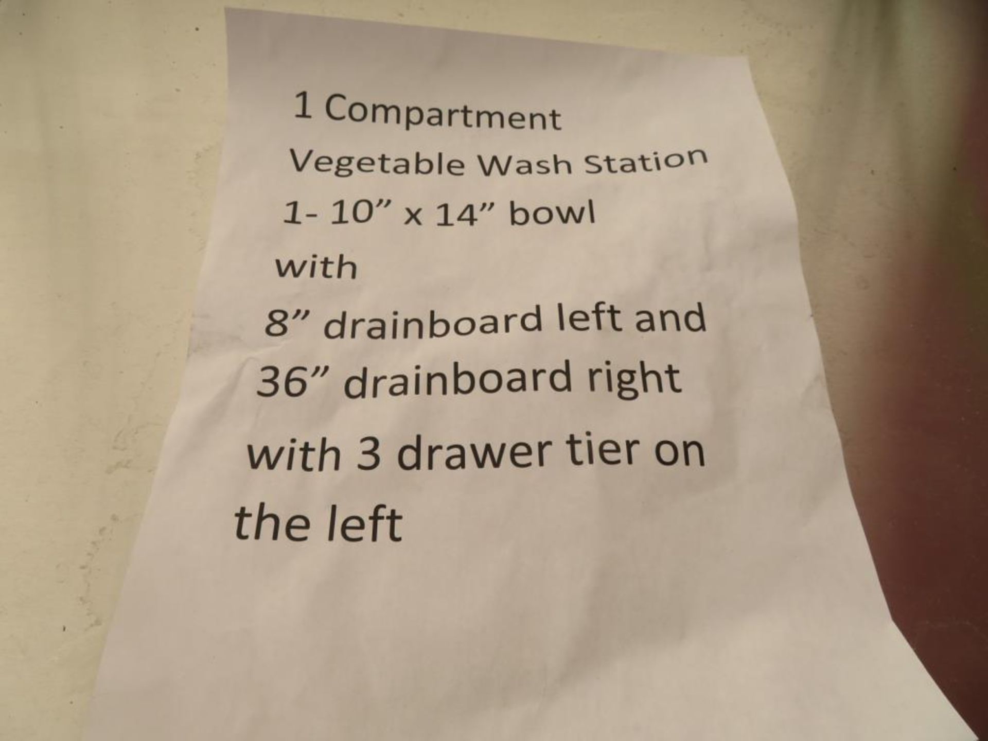 1 compartment vegetable wash station, 1-10"x14" bowl with 8" drainboard left and 36" drainboard - Image 2 of 3