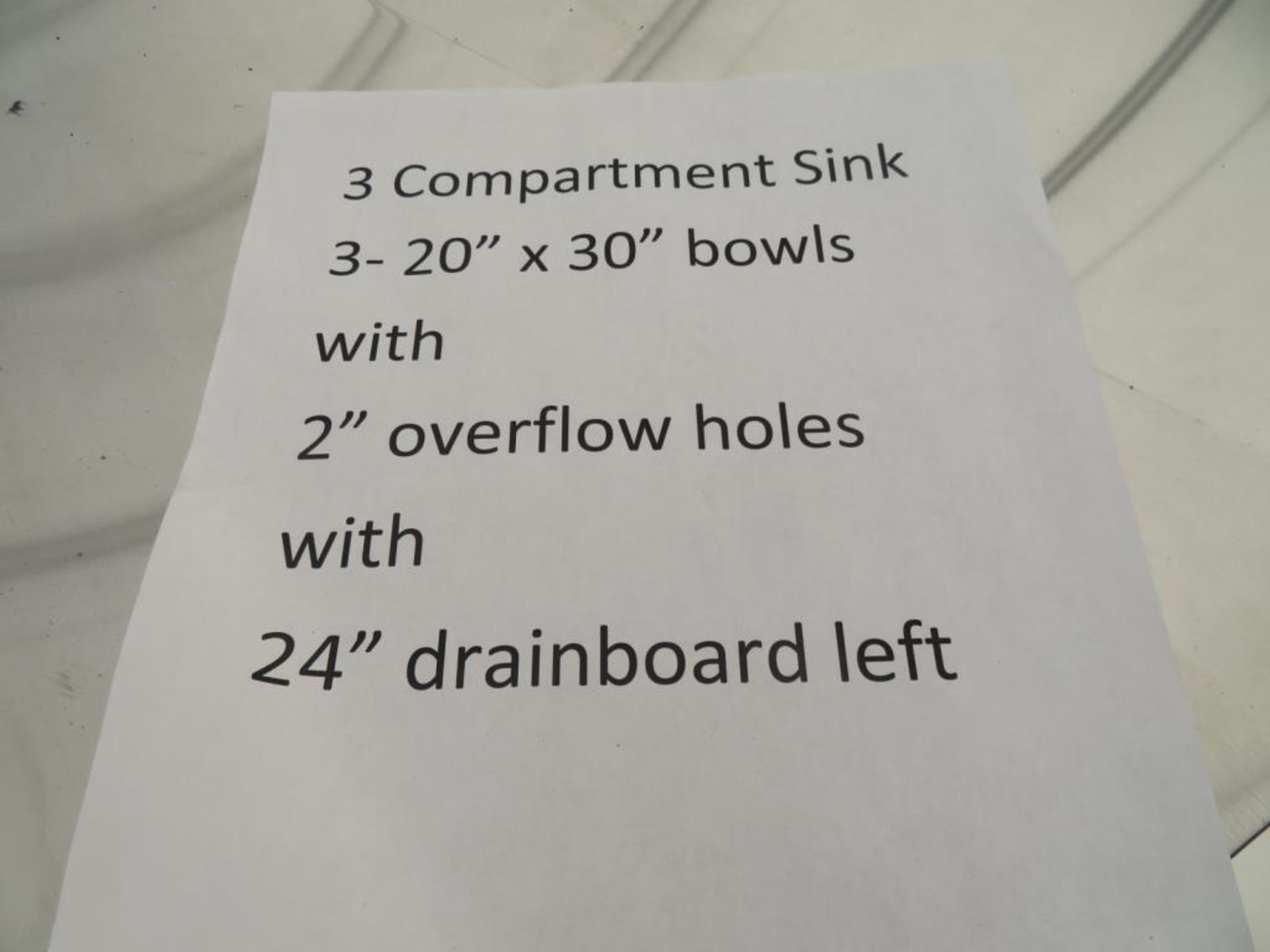 3 compartment sink, 3-20"x30" bowls with 2" overflow holes with 24" drainboard left - Image 2 of 3