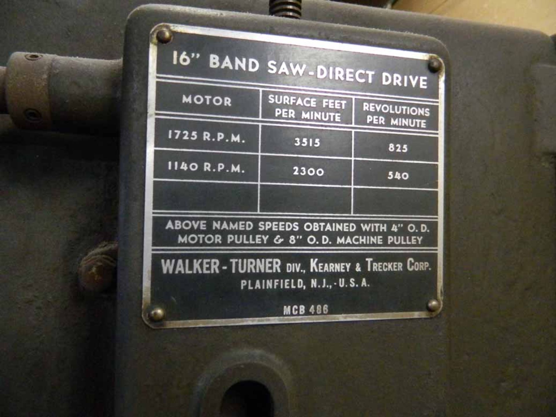 Walker Turner 16" band saw direct drive, ser 51BE2A - Image 5 of 5