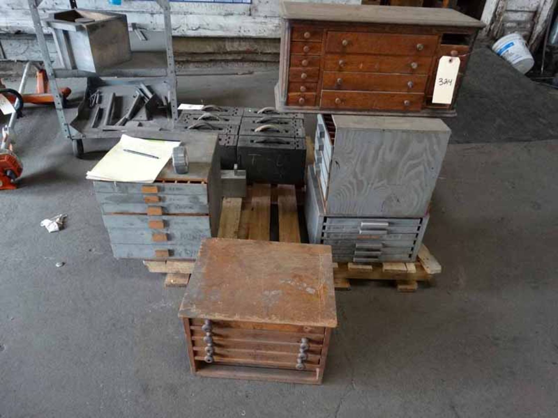 5 storage boxes with some lead lettering stencils (very tiny)