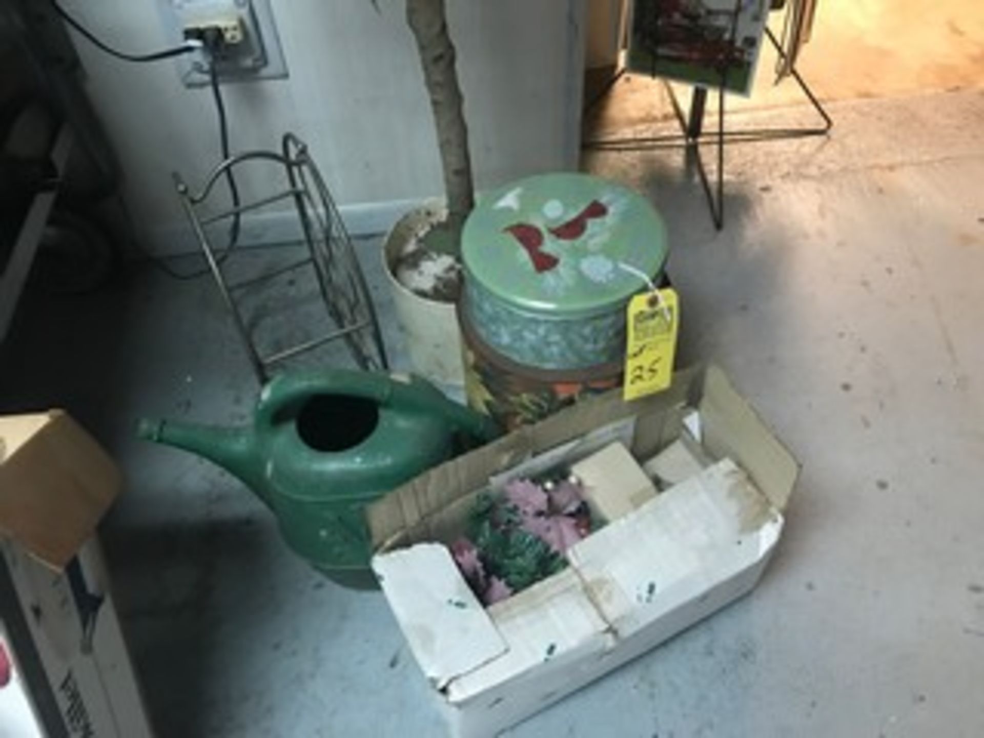 LOT ARTIFICIAL PLANT, TINS, WINE RACK, ETC