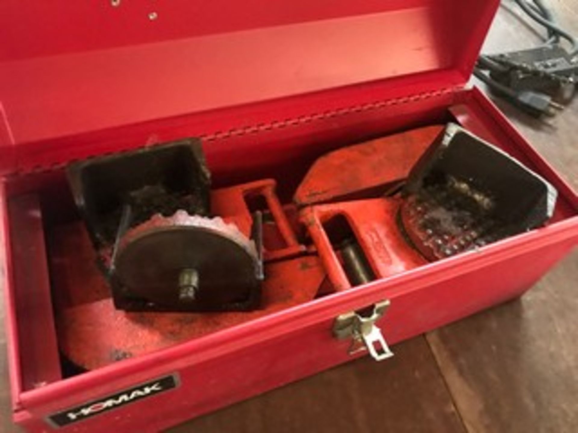 RED TOOL BOX WITH RIGGERS, DOLLIES, CHALKS, ETC