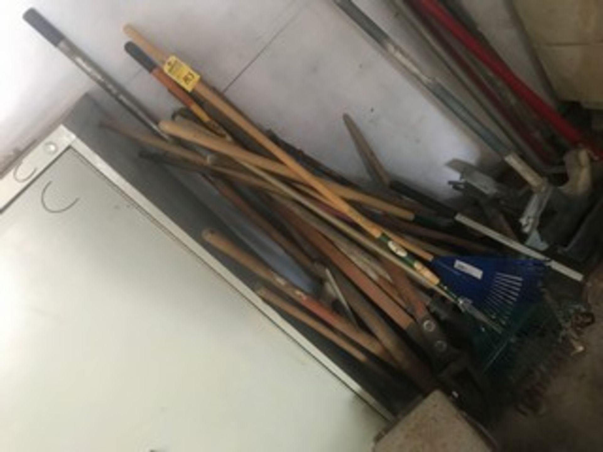 ASSORTED TOOLS, RAKES, SHOVELS, POST HOLE DIGGER, ETC