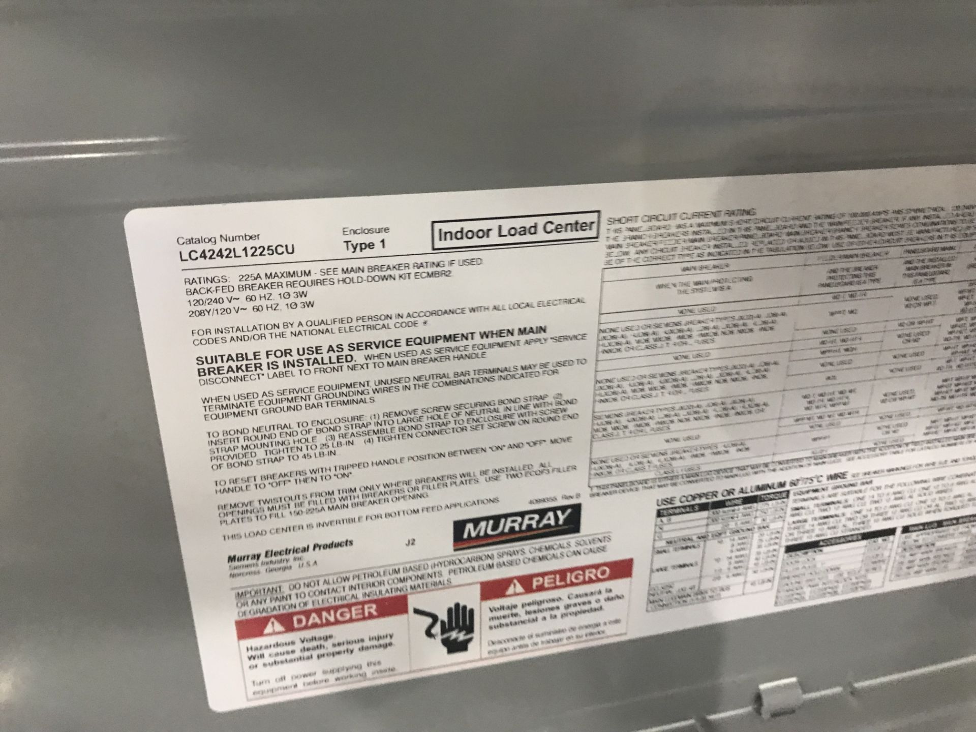 MURRAY LC424L1225CU ELECTRICAL CIRCUIT-FUSE BOX - 225 AMP - Image 3 of 3