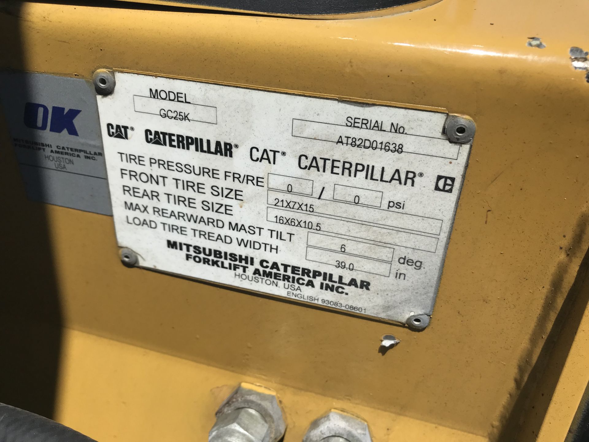 CAT GC25K FORKLIFT - LPG - 3500LB CAP - 3 STAGE - SIDE SHIFT - 11,370 HRS - SERIAL No. AT82D01638 - Image 8 of 8