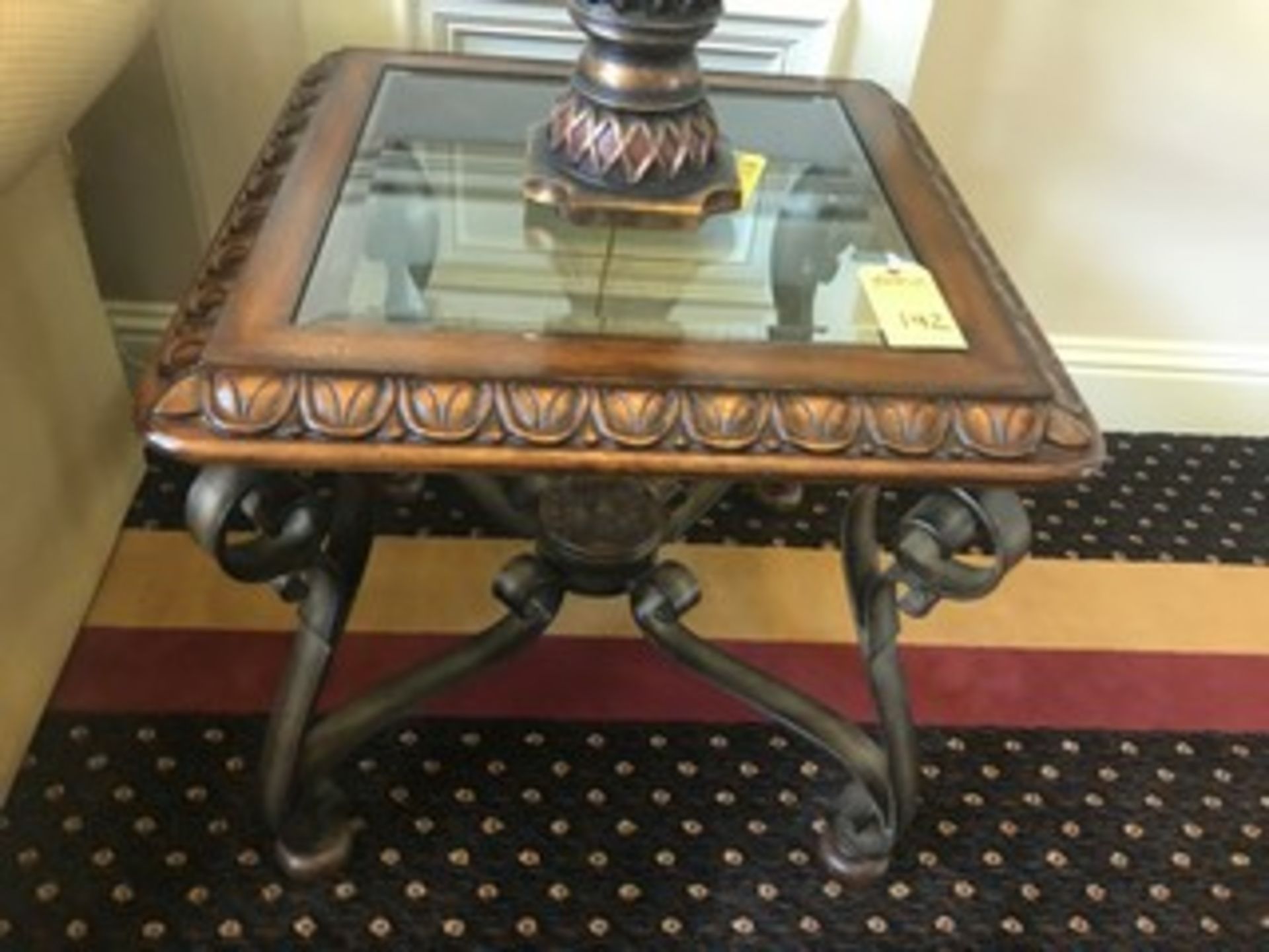 TABLE WITH WROUGHT IRON BASE & SQUARE GLASS TOP - 28'' x 28''