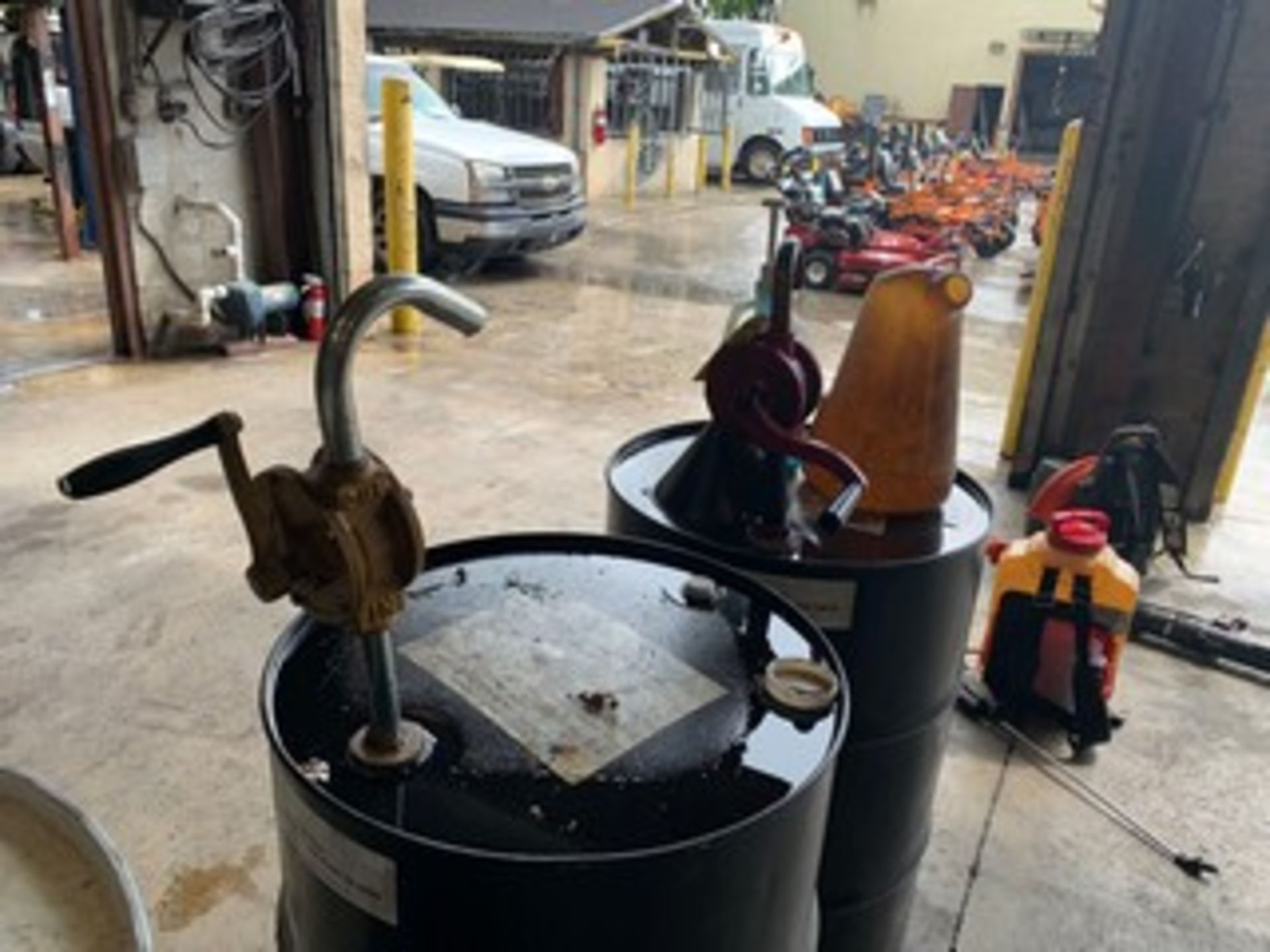 ASSORTED 55 GALLON BARRELS WITH PUMP & DOLLIES - Image 3 of 3