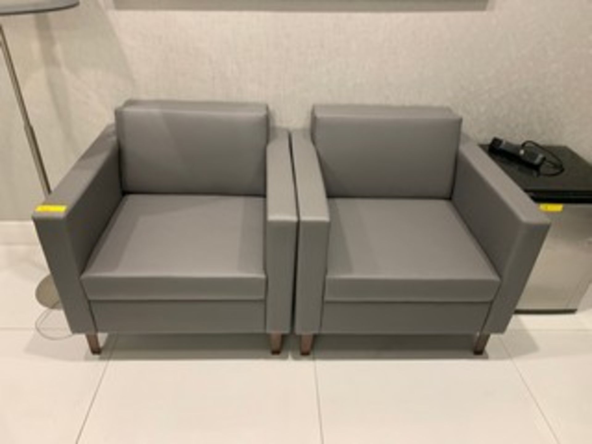 LEATHER LOOK GRAY ARM CHAIRS