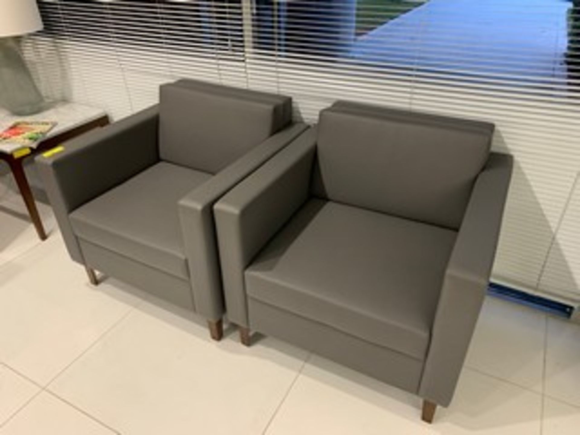 LEATHER LOOK GRAY ARM CHAIRS