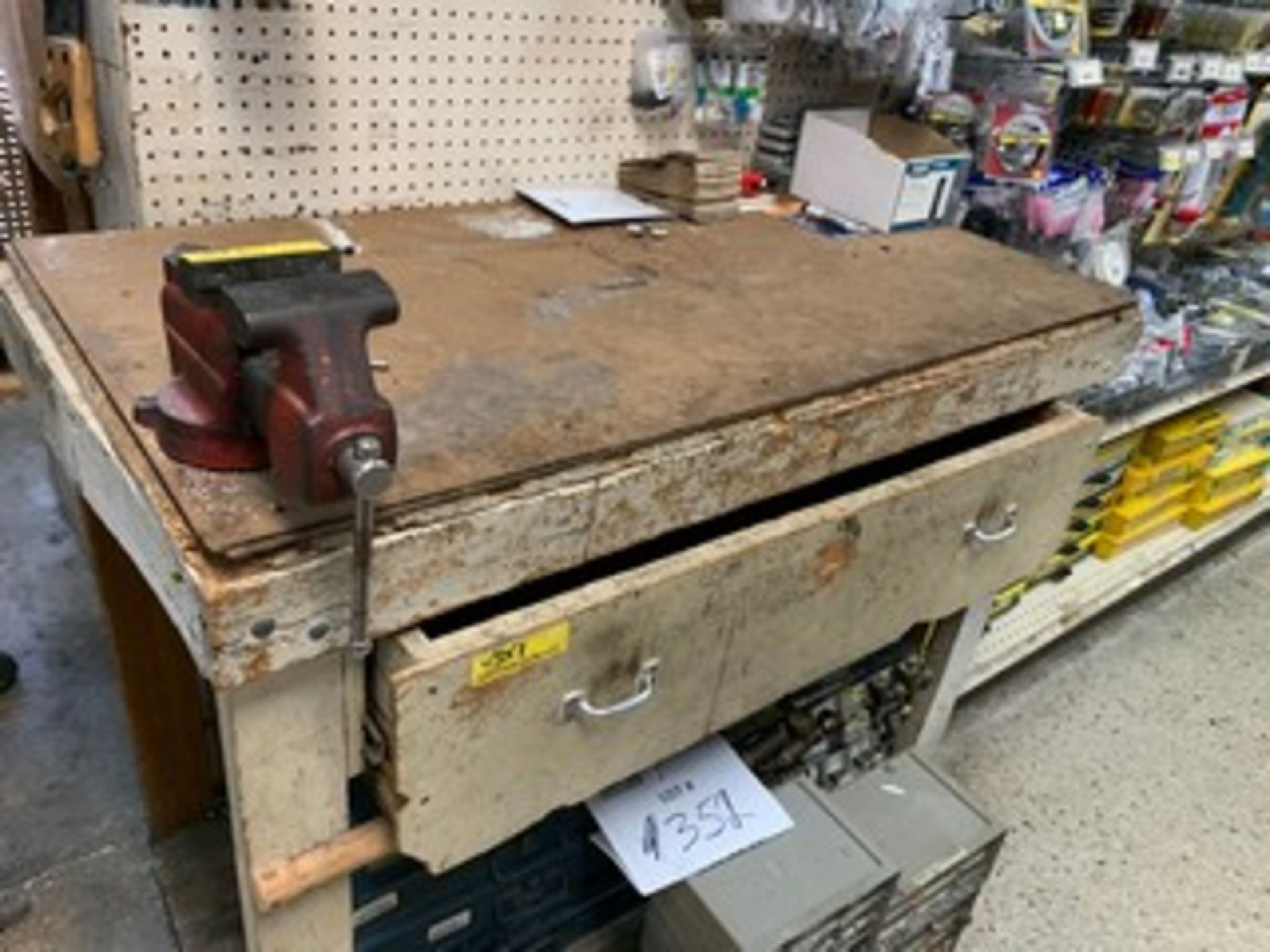 BENCH WITH VISE & HARDWARE CONTENTS IN DRAWER