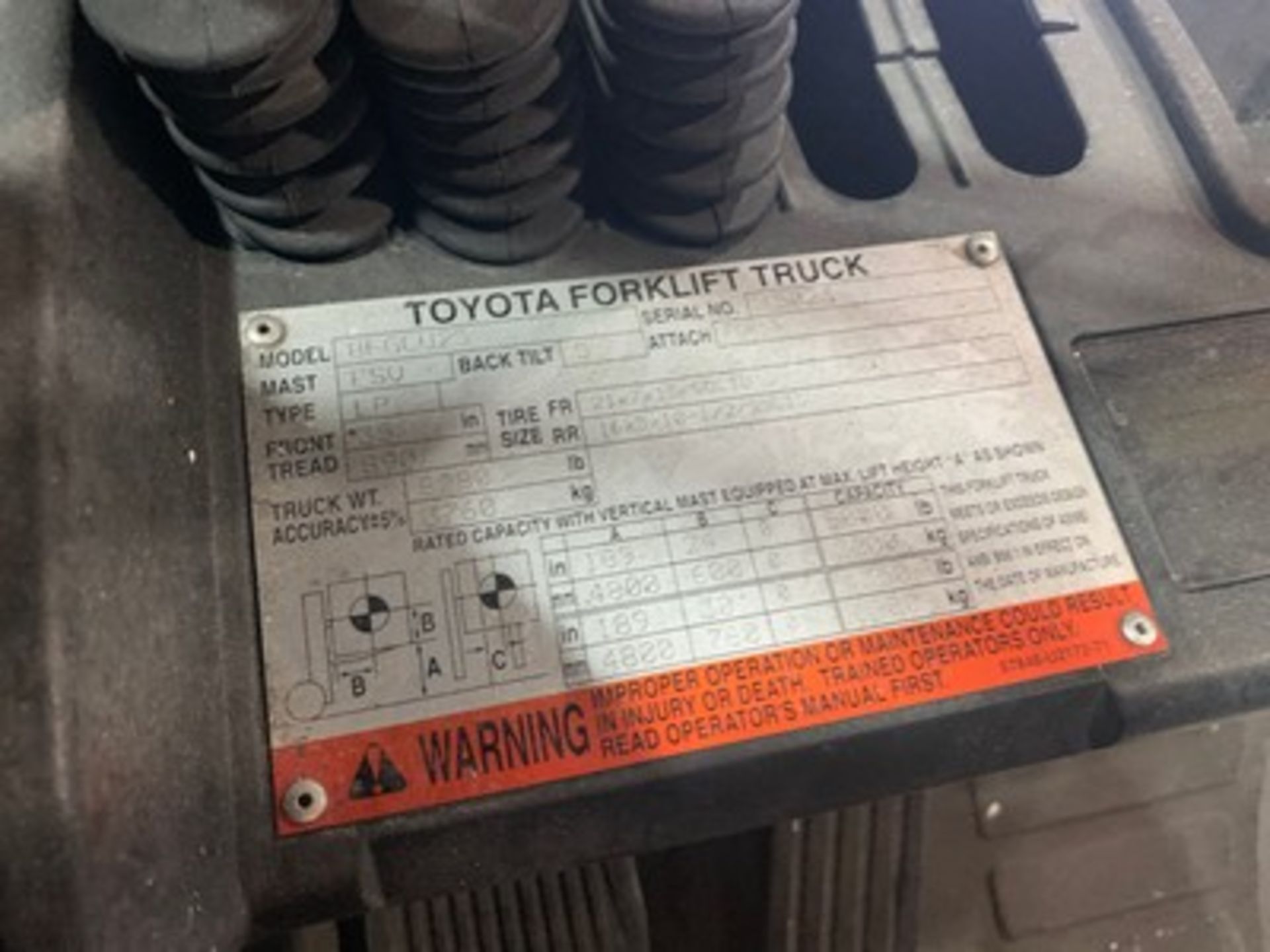 TOYOTA 8FGCU25 FORKLIFT - LPG / 5000LB CAPACITY / 3-STAGE / ORANGE / 13,424 HOURS / SERIAL No. 15023 - Image 6 of 7