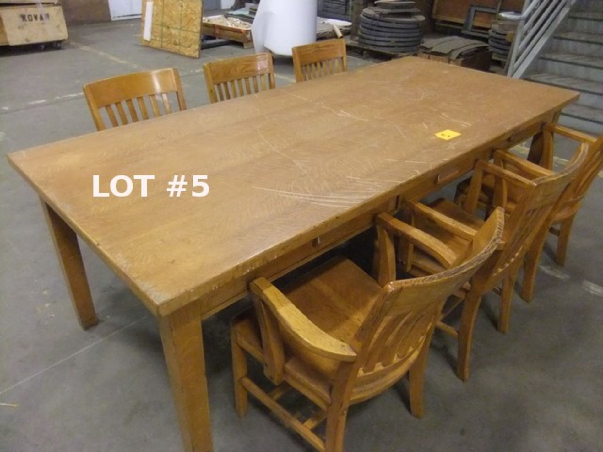 LOT: OAK LIBRARY TABLE (30.5"H x 42"W x 96" L) W/ (6) SIDE CHAIRS