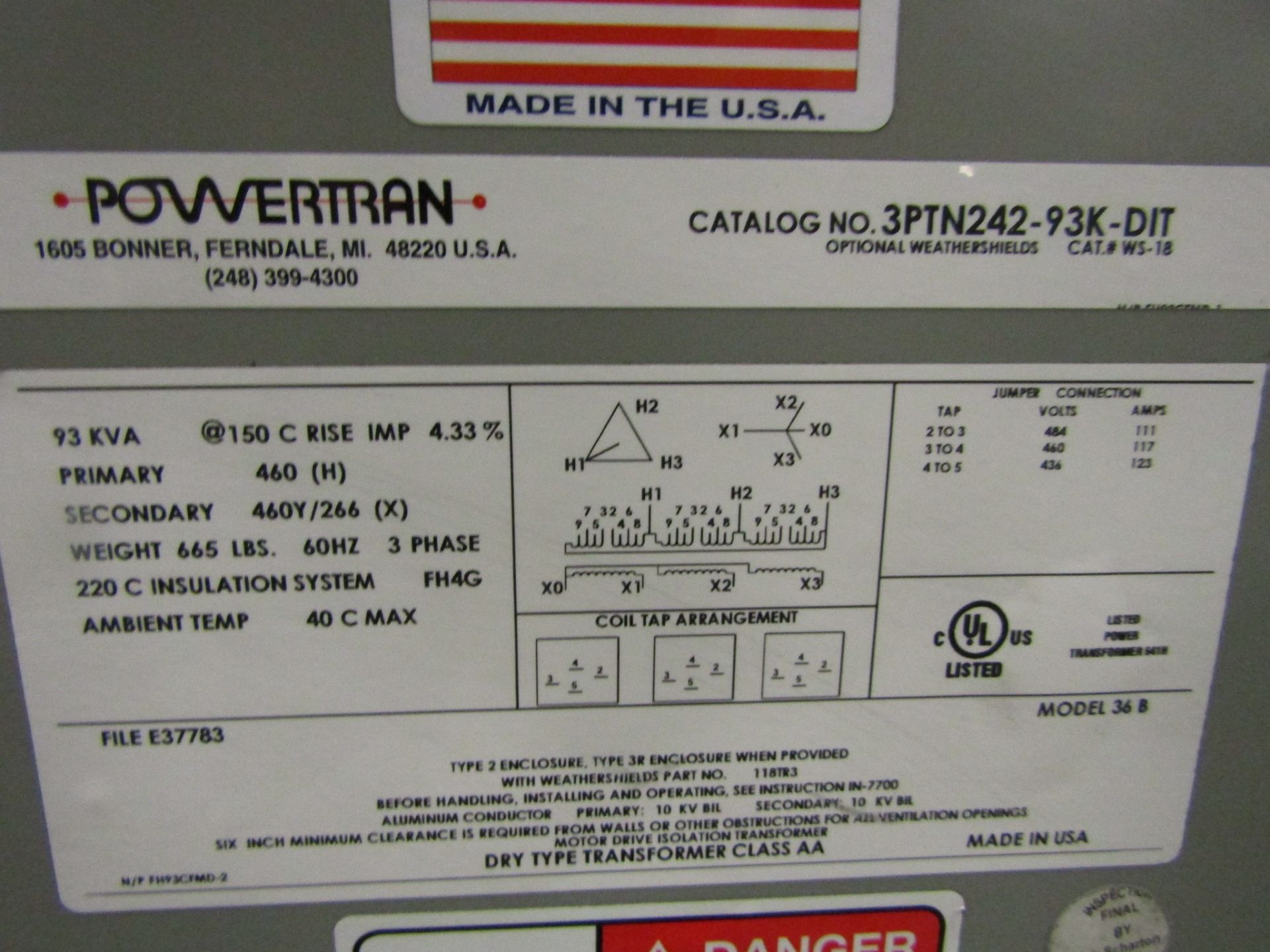 Powertran 93 KVA Electrical Transformer - 460V to 460Y / 266V 3 phase - Image 2 of 2