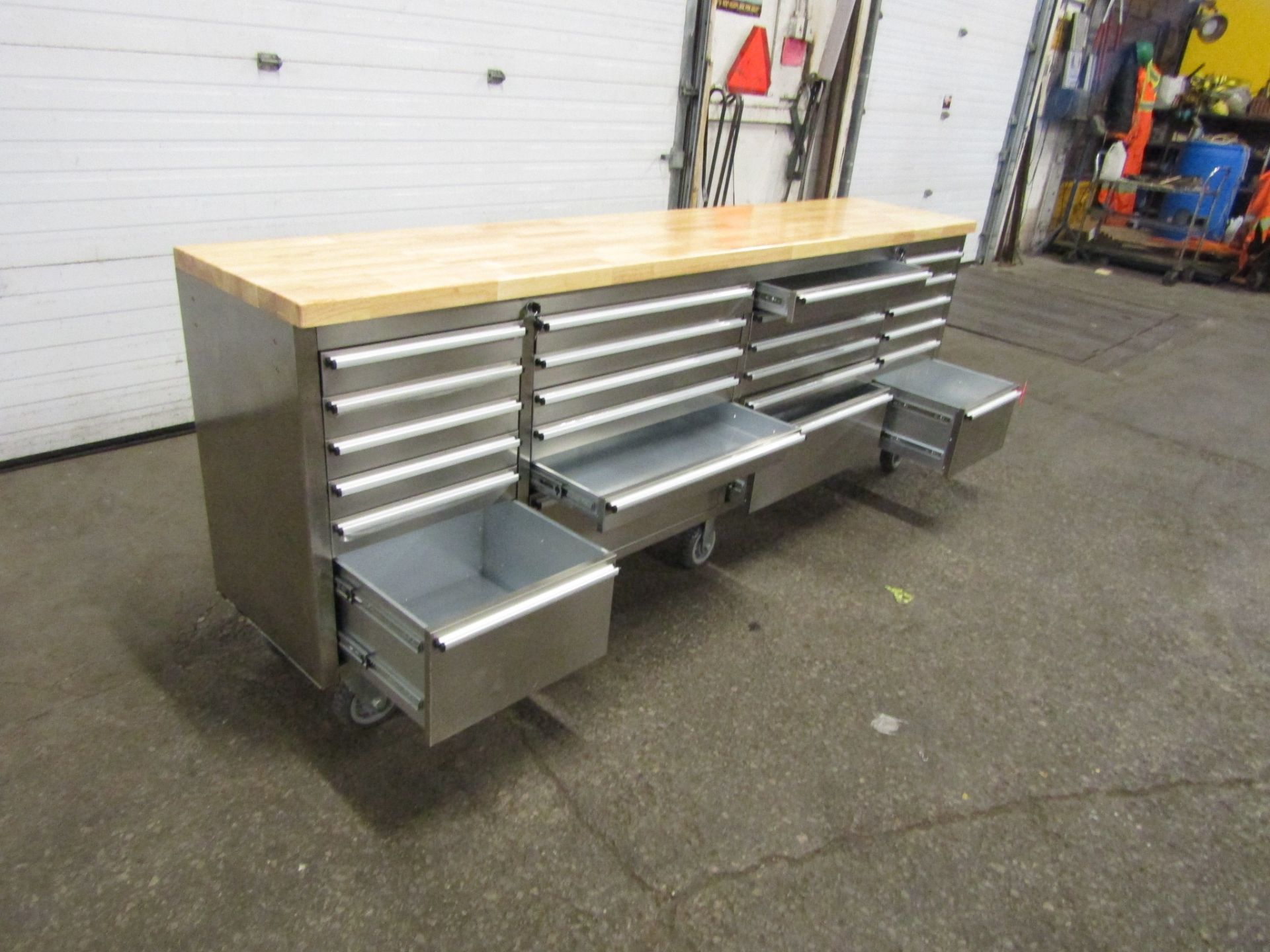 Stainless Steel Cabinet 8' long X 24" deep with 24 drawers and butcher block top NEW MINT UNIT - Image 2 of 2