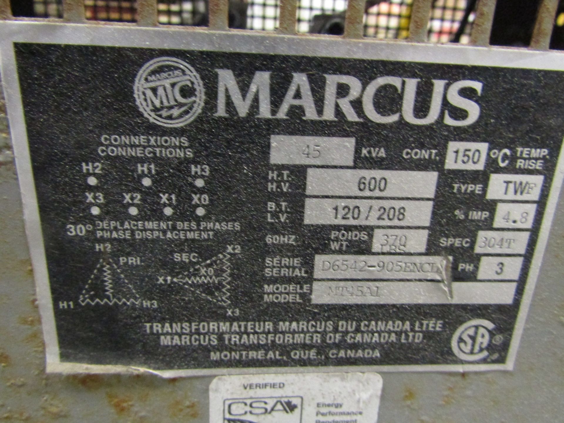 Marcus Electrical Transformer 45 KVA - HV 600V LV 120/208V 3 phase - Image 2 of 2