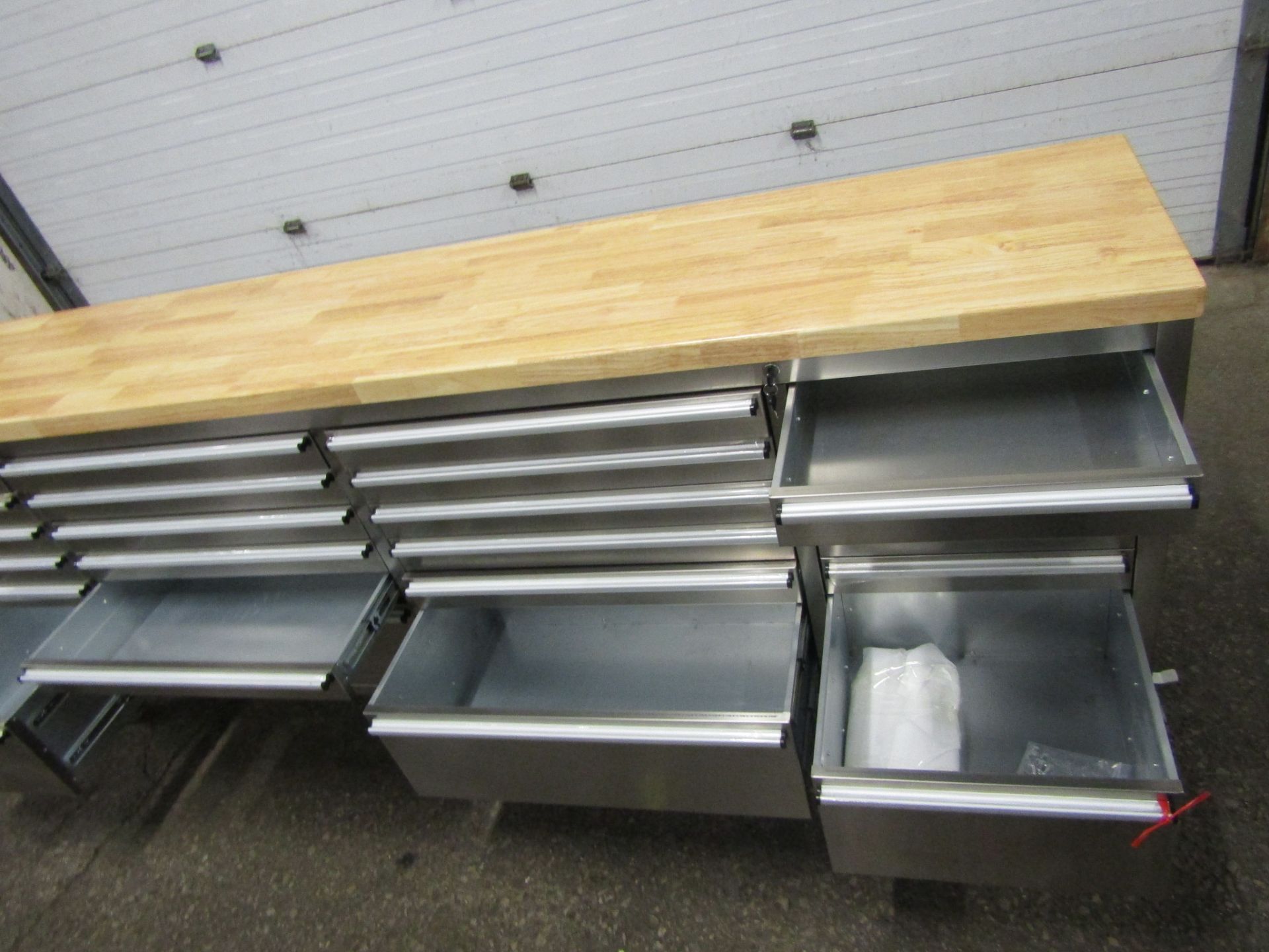 Stainless Steel Cabinet 8' long X 24" deep with 24 drawers and butcher block top NEW MINT UNIT - Image 2 of 2