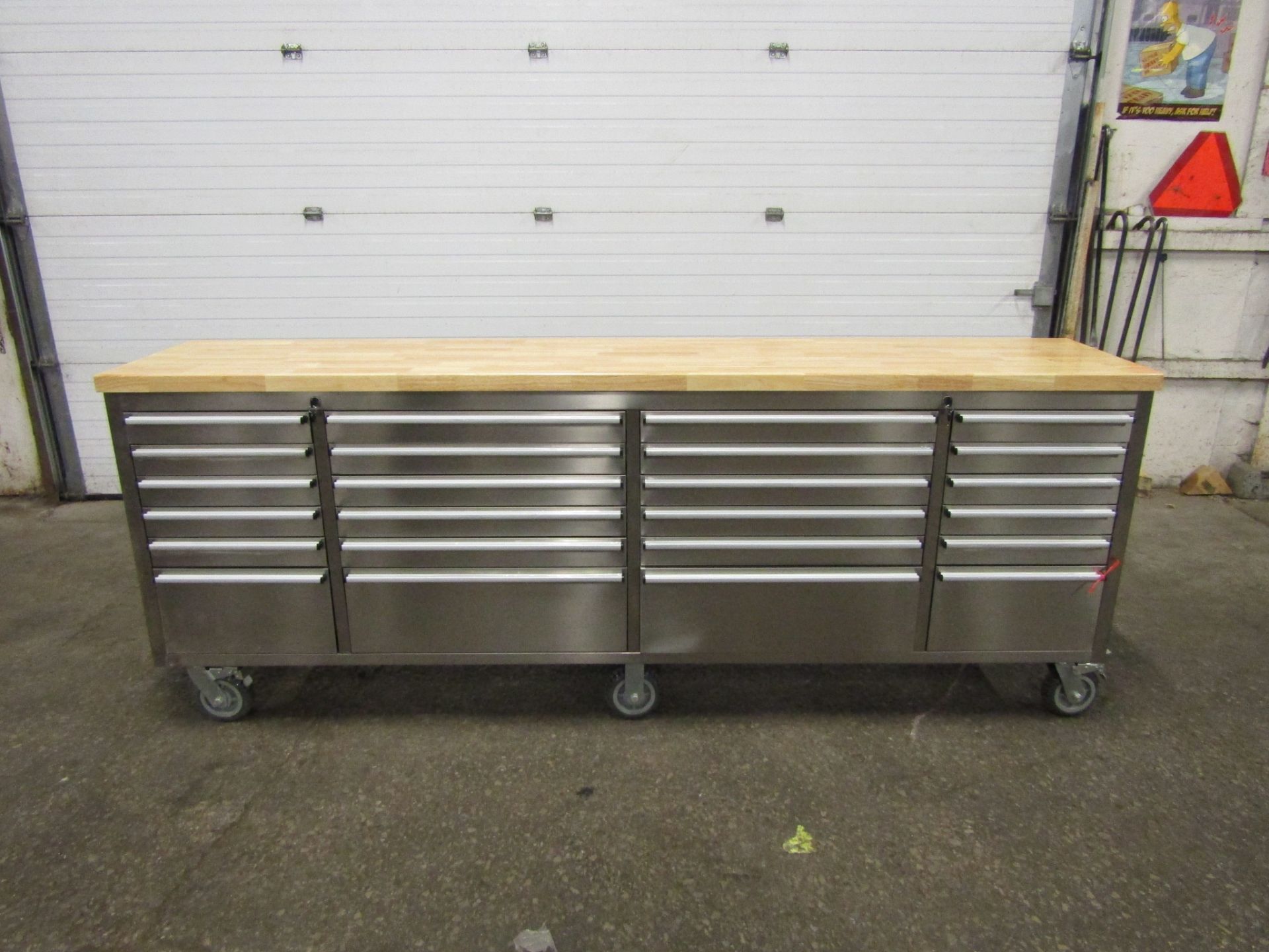 Stainless Steel Cabinet 8' long X 24" deep with 24 drawers and butcher block top NEW MINT UNIT
