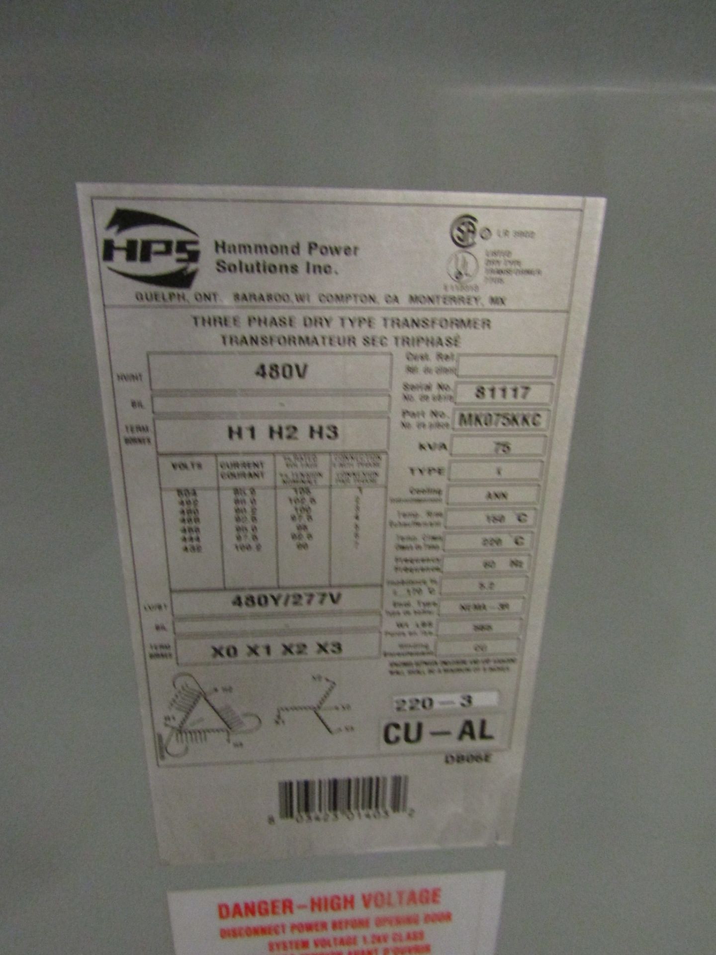 Hammond 75 KVA Electrical Transformer - 480V to 480Y / 277V 3 phase - Image 2 of 3