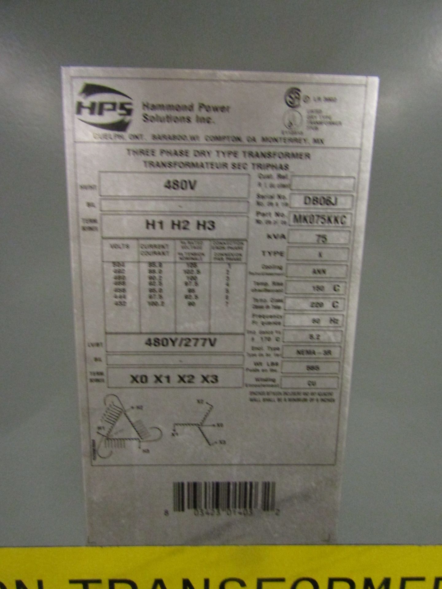 Hammond 75 KVA Electrical Transformer - 480V to 480Y / 277V 3 phase - Image 2 of 2