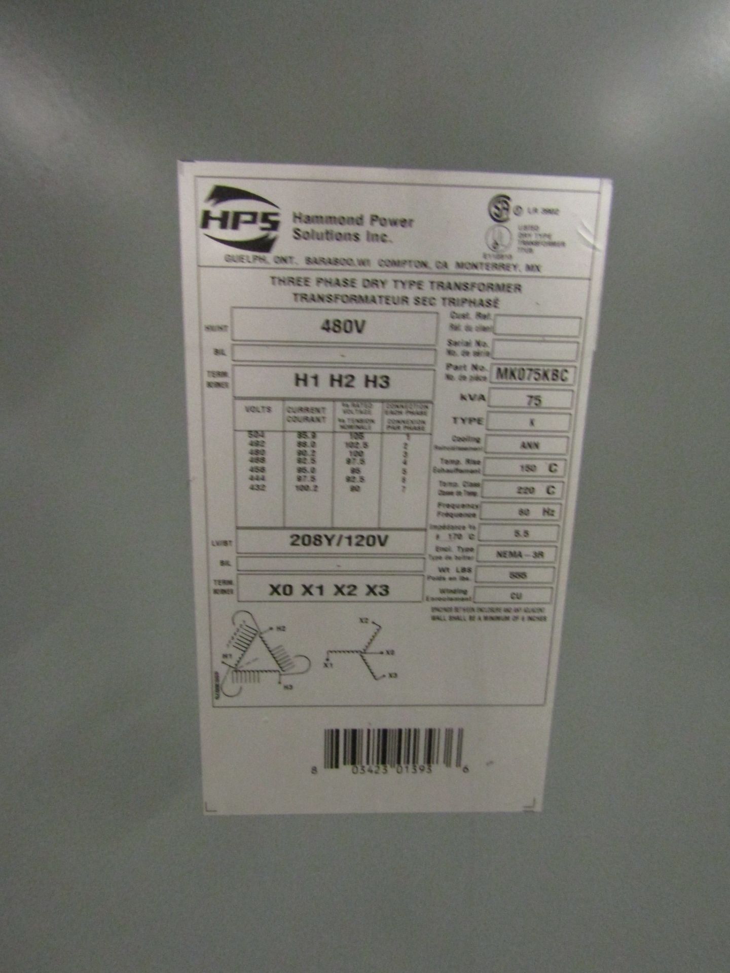 Hammond 75 KVA Electrical Transformer - 480V to 480Y / 277V 3 phase - Image 3 of 4