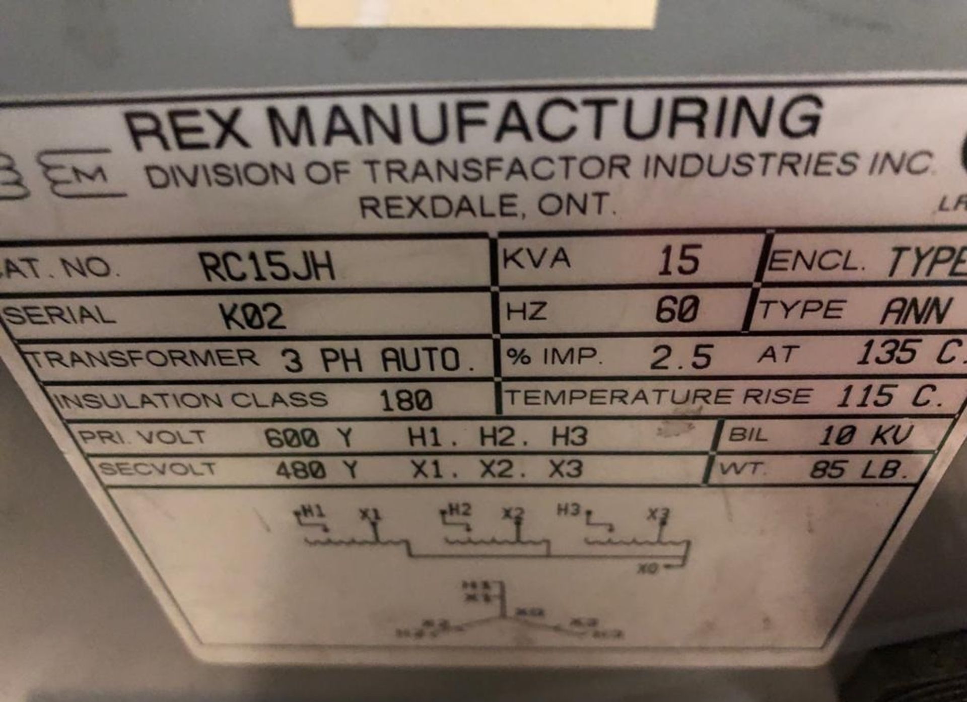 Rex 15 KVA Electrical Transformer 3 phase AUTO 600Y to 480Y