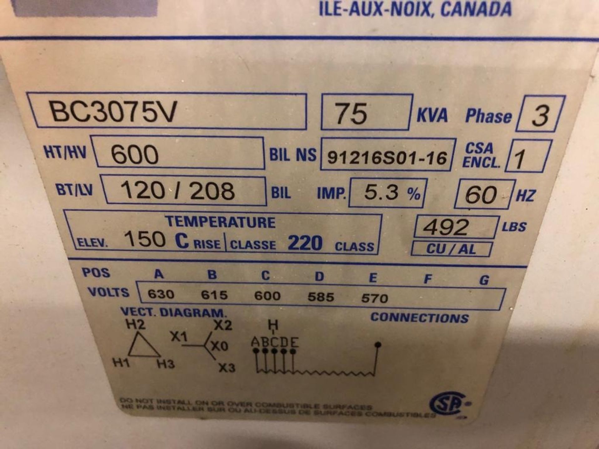 Bemag 75 KVA Electrical Transformer 3 phase 600 to 120/208V - Image 2 of 2