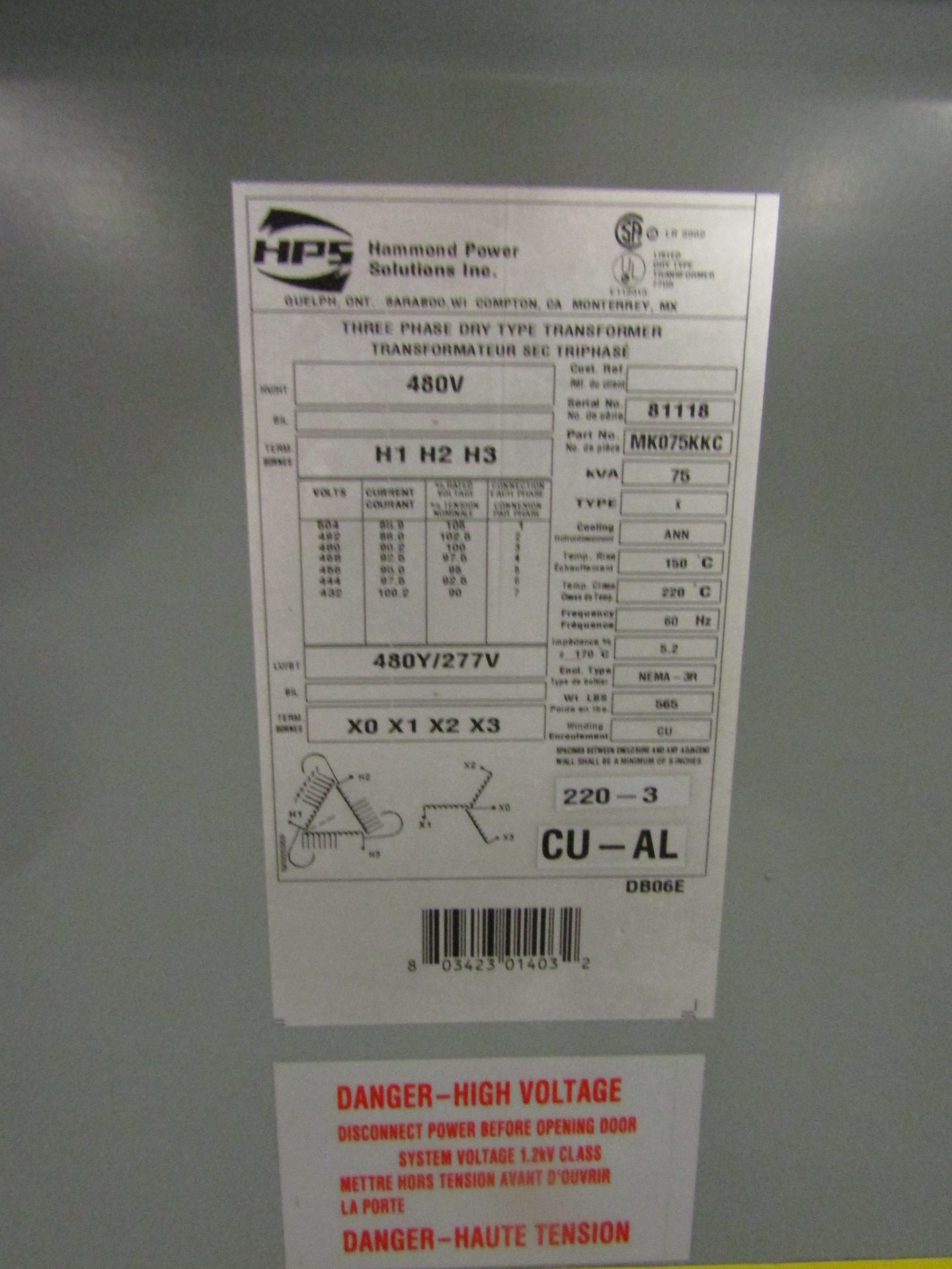 Hammond 75 KVA Electrical Transformer - 480V to 480Y / 277V 3 phase - Image 2 of 2