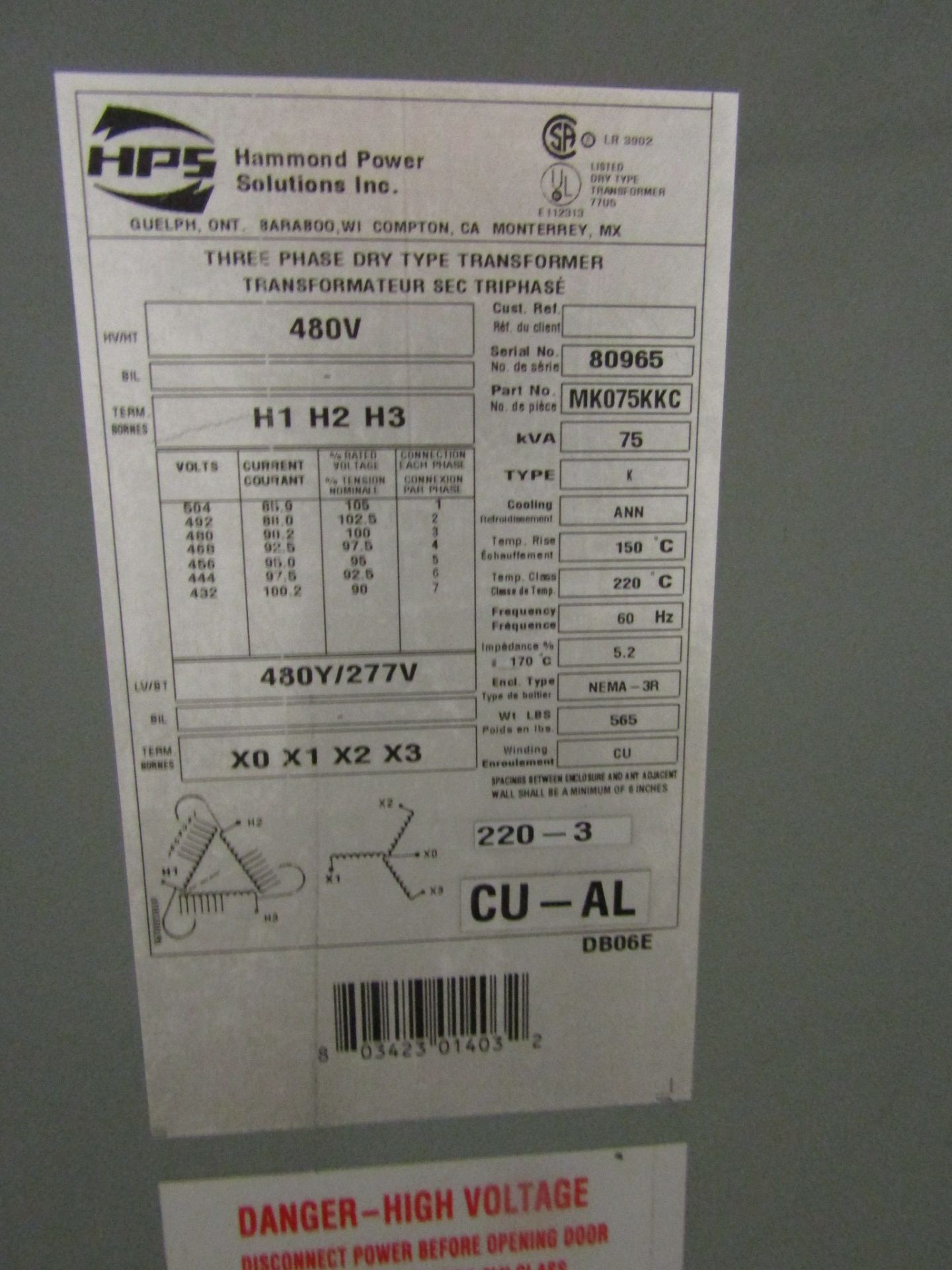 Hammond 75 KVA Electrical Transformer - 480V to 480Y / 277V 3 phase - Image 2 of 2