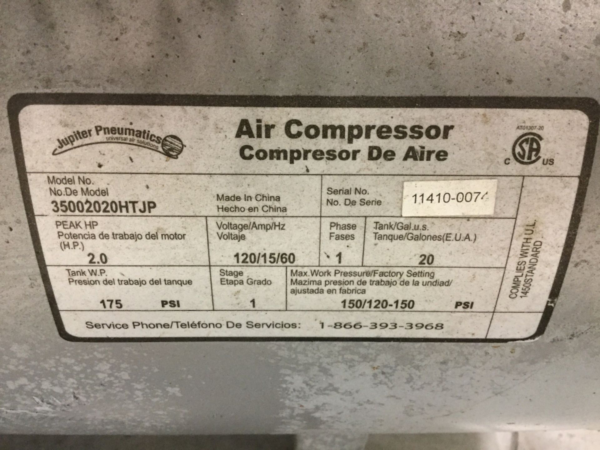 Jupiter Pneumatics 20 Gallon Air Compressor - Image 2 of 2