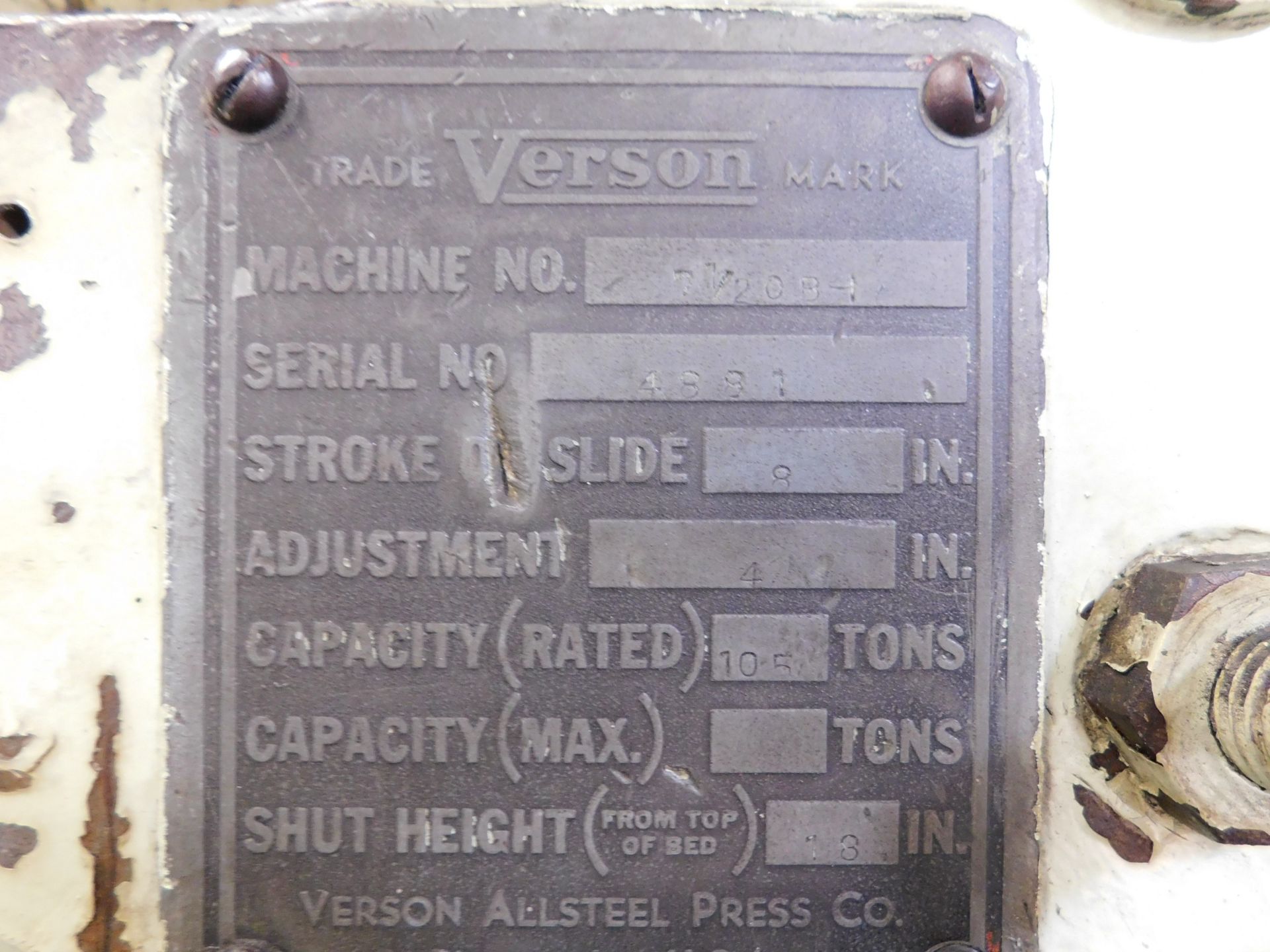 Verson No. 7 ½, 100-Ton OBI Punch Press w/ 8" - Image 3 of 3