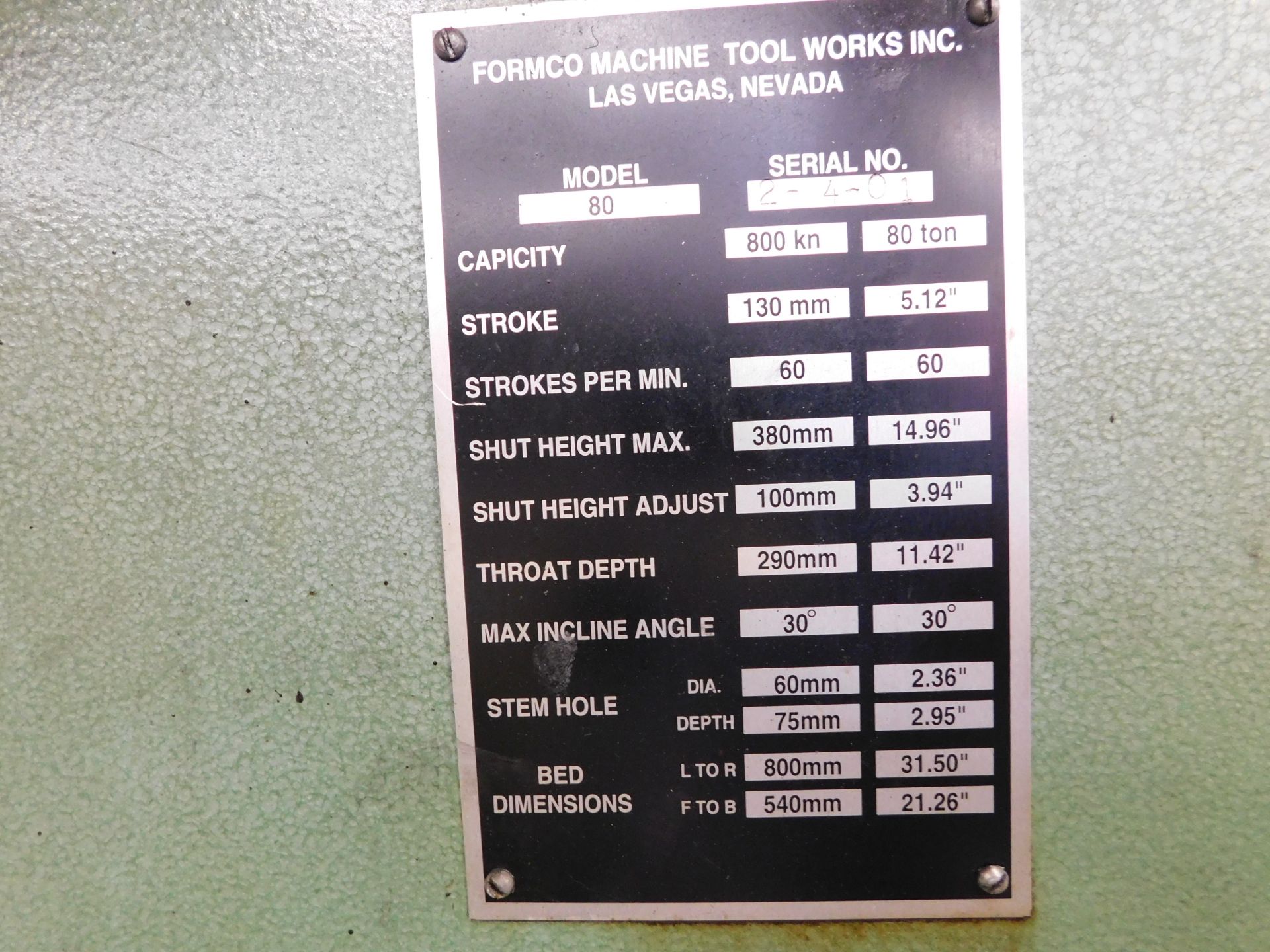 Formco mod. 80, 80-Ton, OBI Punch Press w/ 5.12" - Image 4 of 4