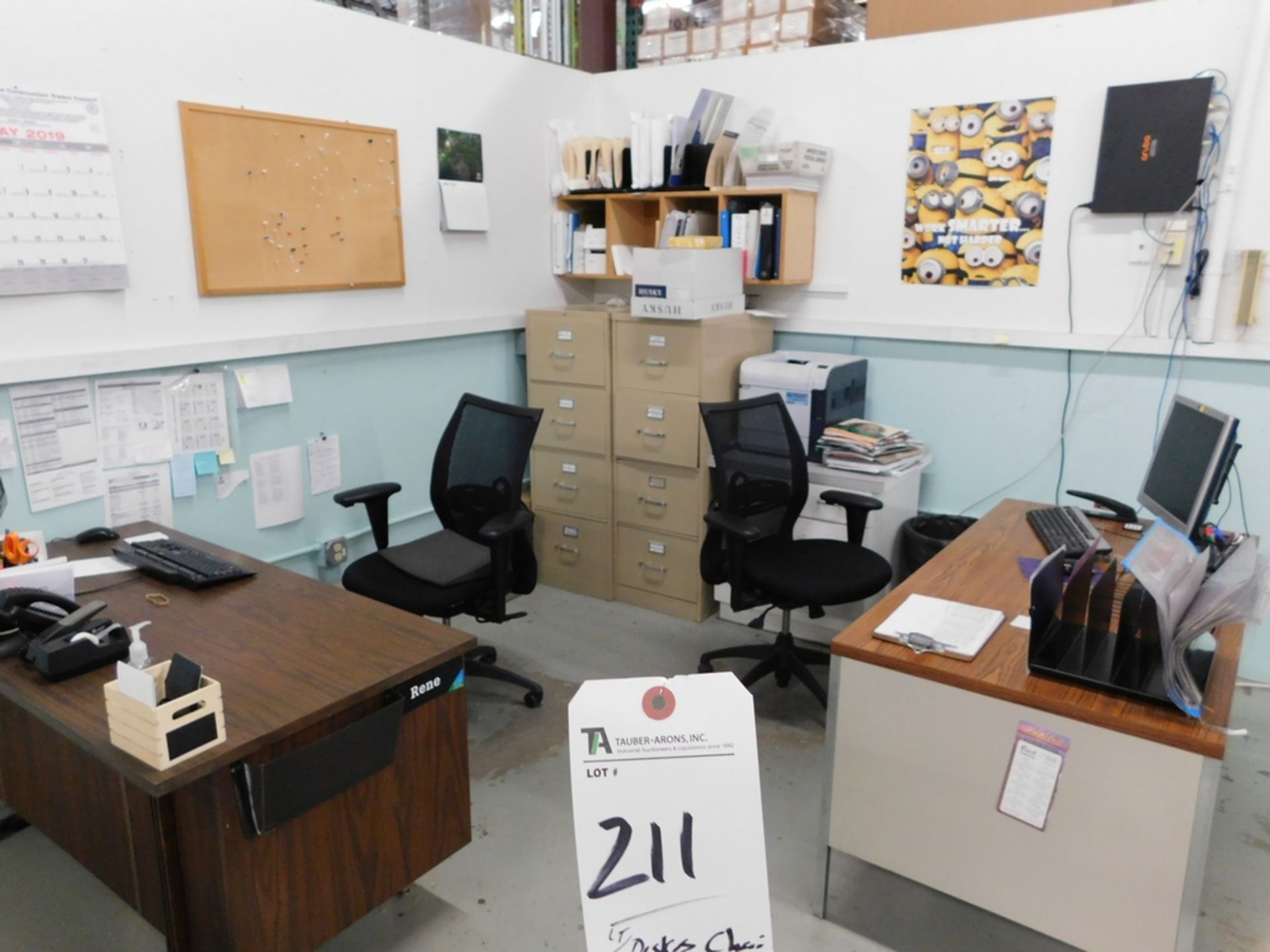 (Lot) Desk & Chairs, File Cabinet (No Phones)
