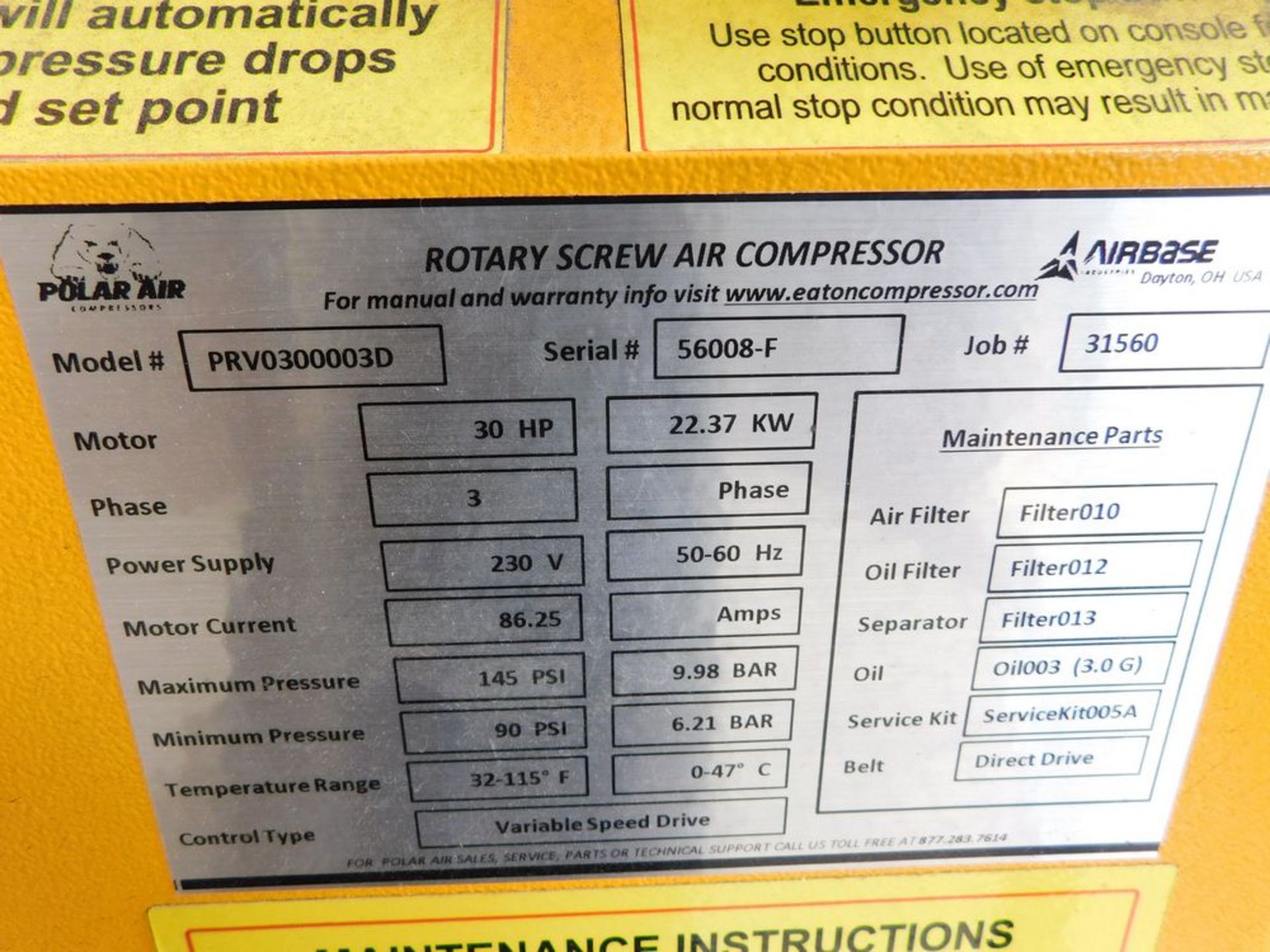 Polar Air mod. PRV0300003D Rotary Screw Air Compressor, Hrs: 4600 - Image 3 of 3