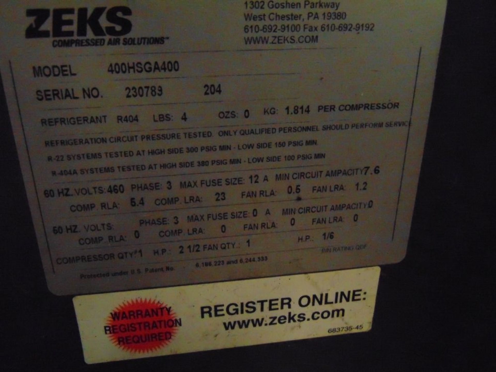 Zeks mod. 400HSGA400, Heat Sink True Cycling Air Dryer; S/N 145593 - Image 2 of 2