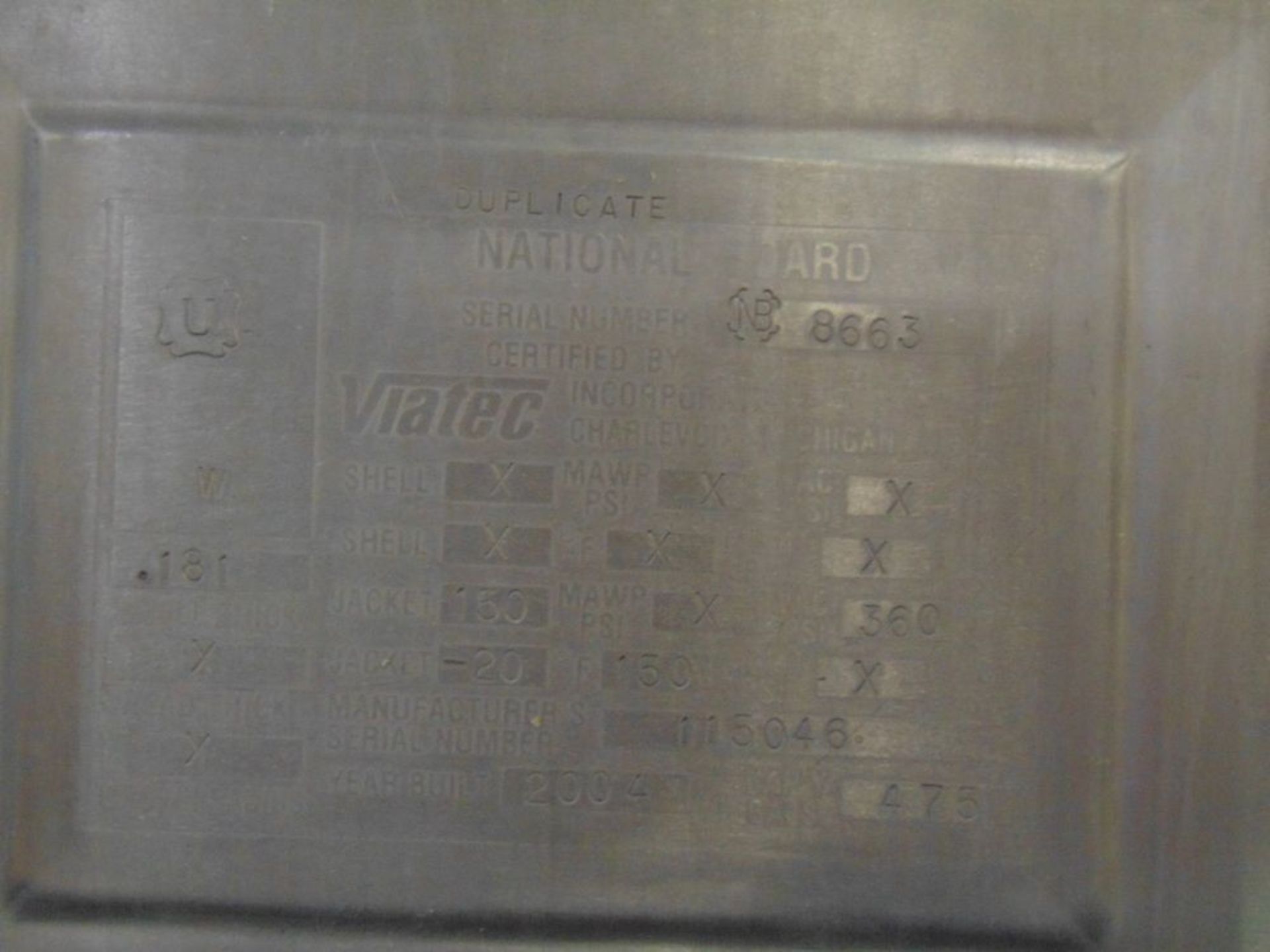 (2004) Viatec Natl #8663, 475 Gal. Horizontal Cooker, Jacketed Mixing Tank, 150 psi, Scrape Surface - Image 5 of 5