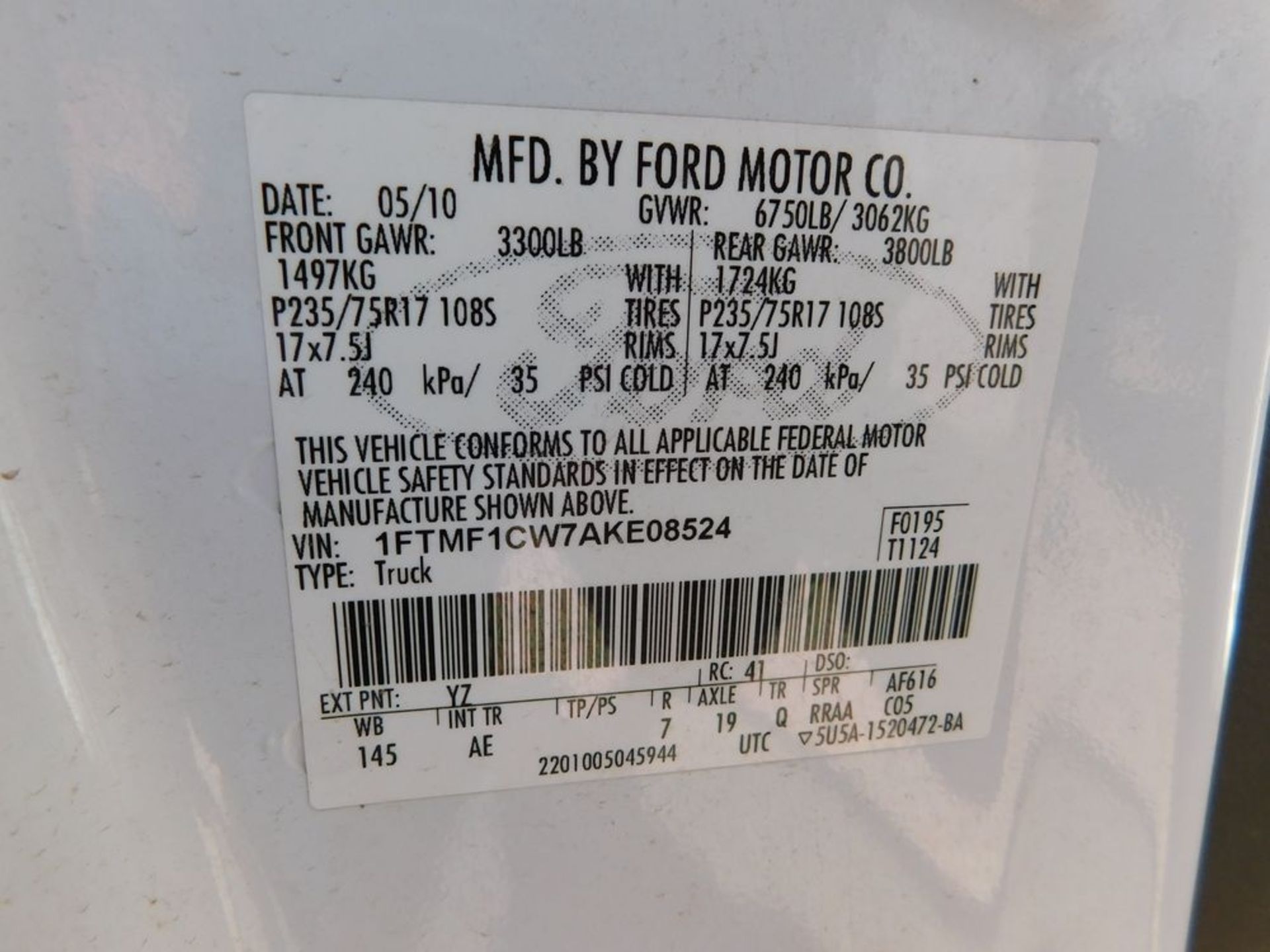 (2010) Ford F-150XL, 4.6L Single Cab, Gas Pick Up Truck w/ Diesel Fuel Tank & Tool Box; Miles: 176, - Image 5 of 5