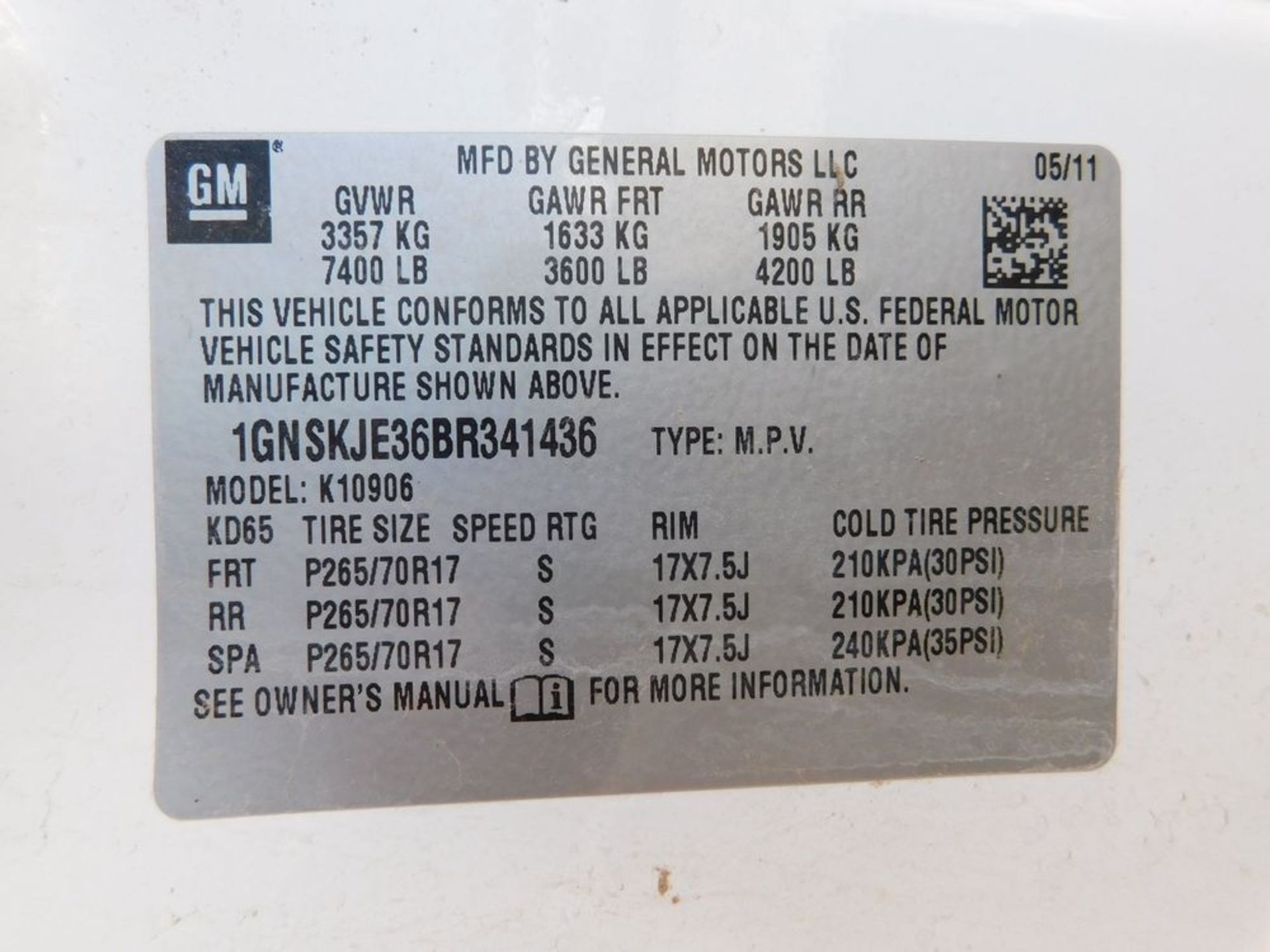 (2011) Chevy Suburban LT, 4-Door SUV, 5.3L Miles: n/a; Lic: 789RRZ; Vin: 1GNSKJ36BR341436, CT-72 - Image 4 of 4
