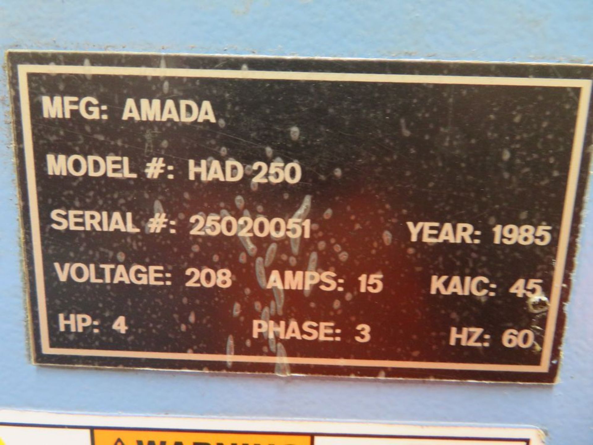 (1985) Amada mod. HAD-250, Horizontal Band Saw w/ Controls; S/N 25020051 - Image 3 of 3