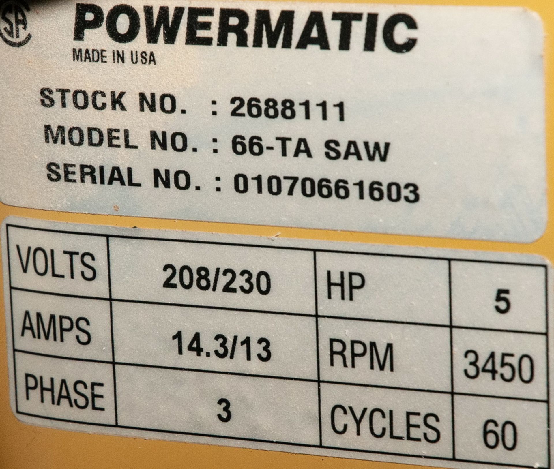 Powermatic Table Saw Model 66TA - Image 2 of 2